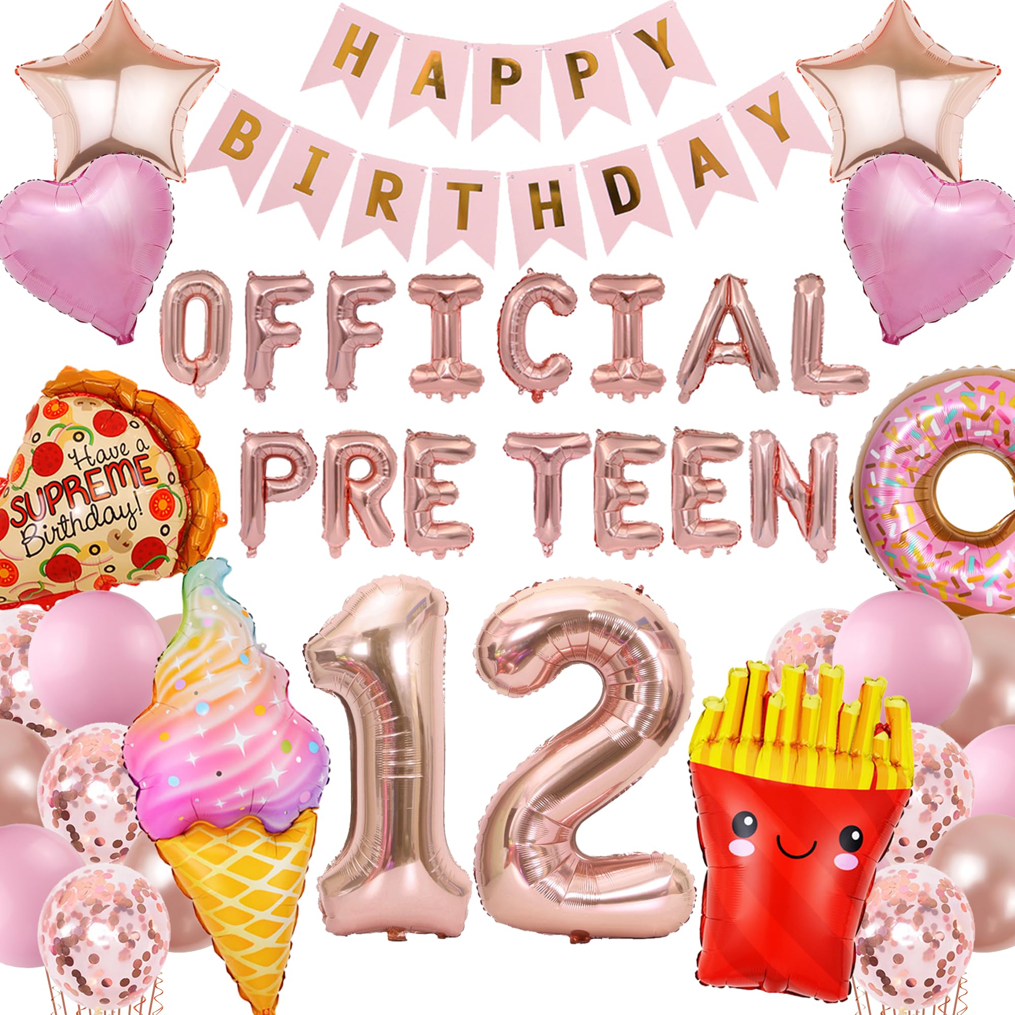 12th Birthday Decorations for Girls - Rose Gold Official Pre-Teen Party Balloons Happy Birthday Banner Love Stars Donuts Ice Cream Pizza Foil Balloons for 12 Year Old Party Supplies