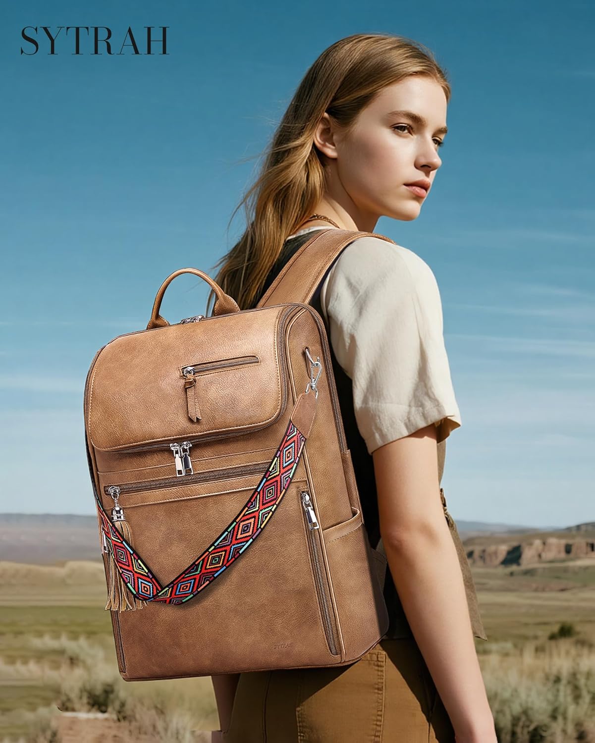 Leather Laptop Backpack for Women Designer Laptop Bag, 16.5 inch Travel Computer Backpacks Purse with Tassel for Work Business with Satchel Purse Camel Brown - Image 3