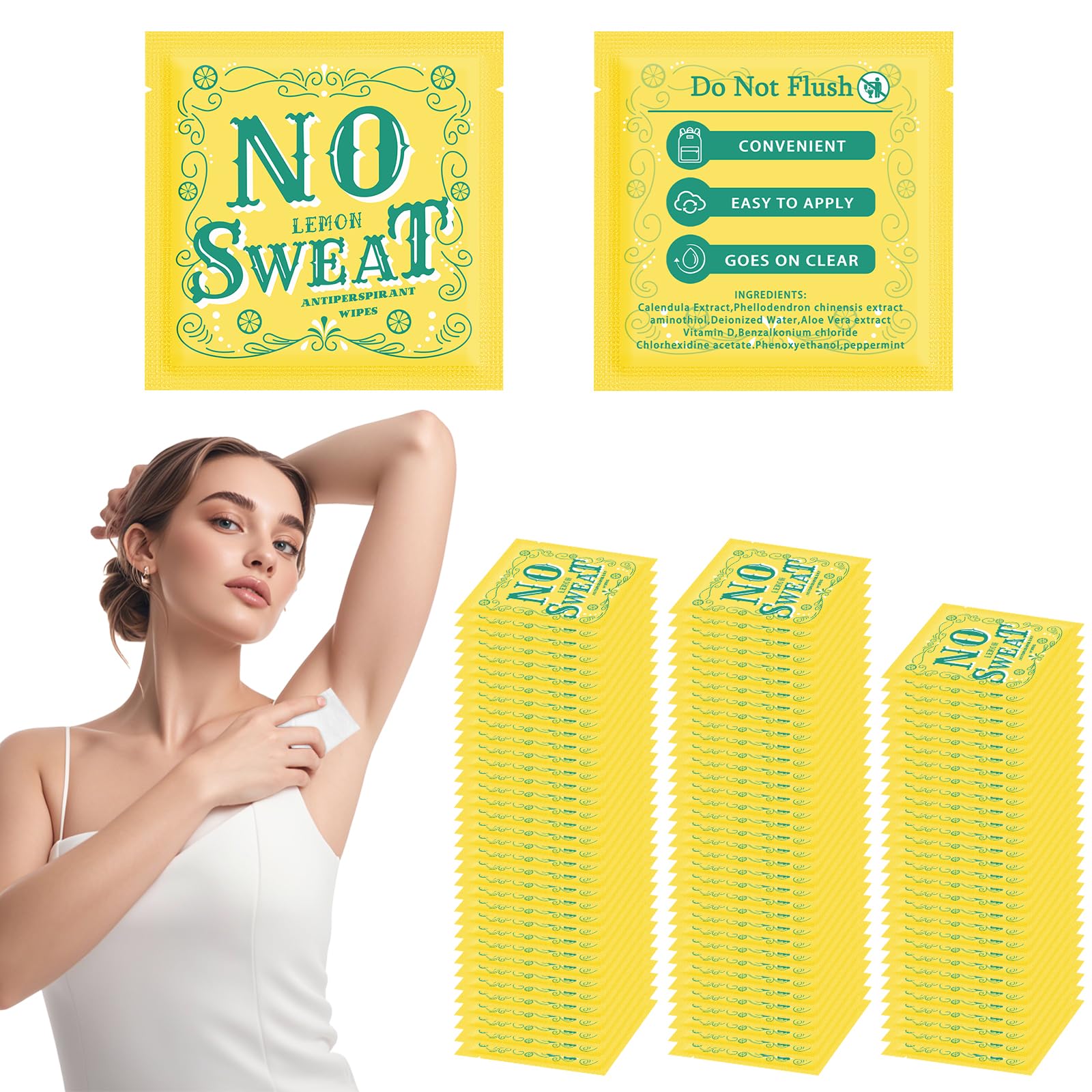 BUAEL 100 pieces of antiperspirant deodorant wipes and body wipes individually wrap underarm underarm sweating Lemon and travel to clean skin for female male teenagers