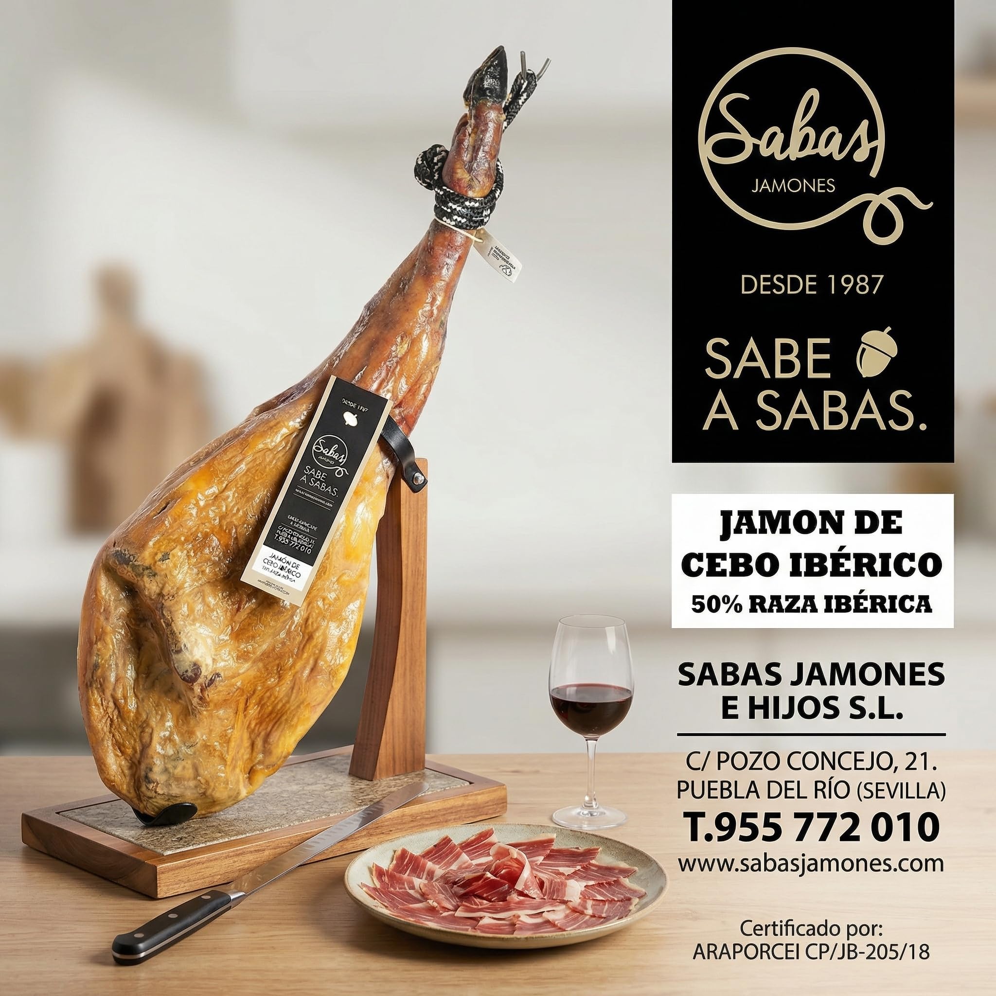 SABE A SABAS Jamon Iberico de Cebo 50% Raza Iberica Pieza Entera 8-9 kg Curacion Bodega Natural Mas de 30 Meses Sin Gluten Jugoso Gourmet Regalo Celebracion Aperitivo Navidad Tabla