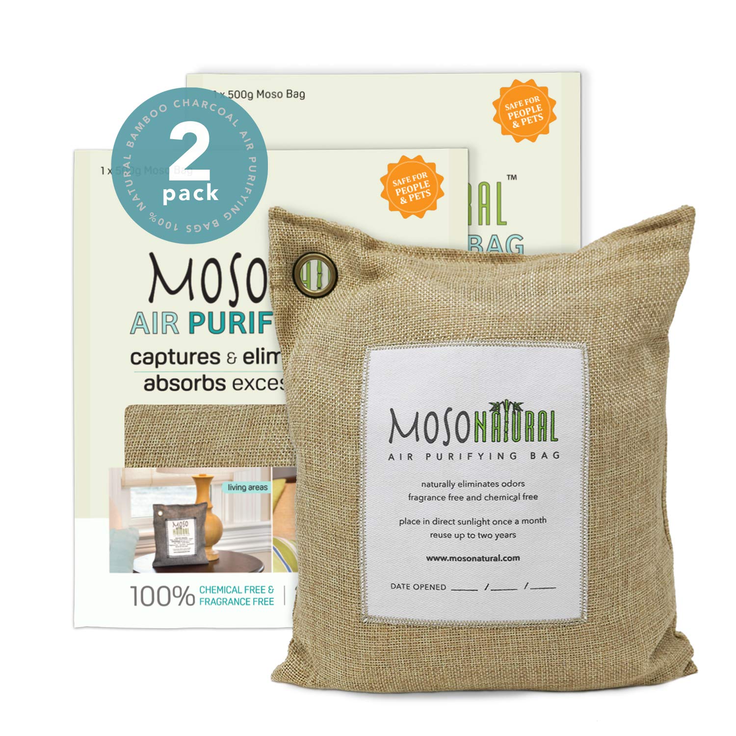 MOSO NATURAL2 Pack 500gm Air Purifying Bag Deodorizer. Odor Eliminator for Kitchens, Living Areas, Bedrooms and Basements. Absorbs and Eliminates Odors.Charcoal Color
