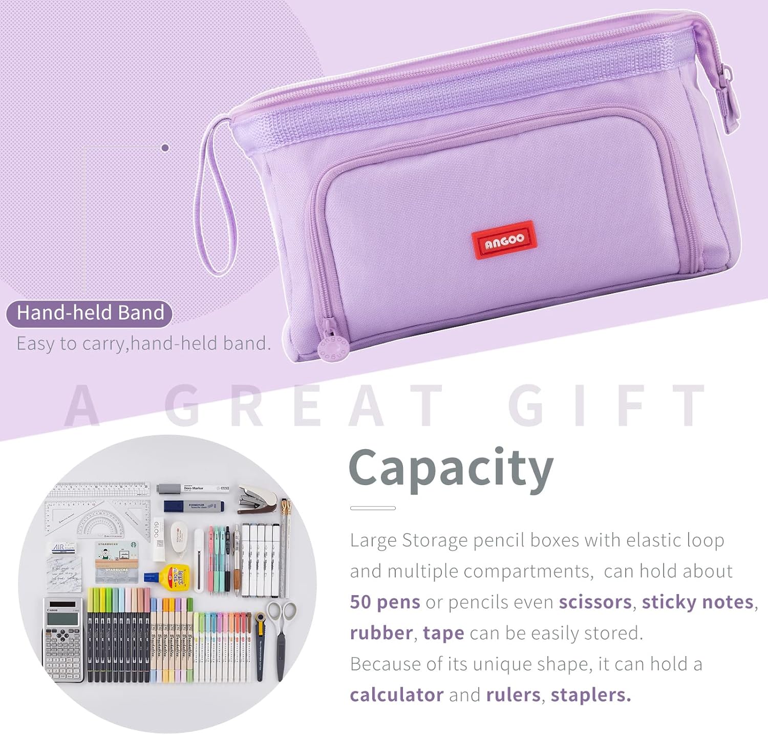 ANGOOBABY 大容量 ペンケース 男の子 高校生 女子 筆箱 おしゃれ 小学生 中学生 かわいい 筆入れ 小物収納 サラリーマン ビジネス 社会人用 パープル