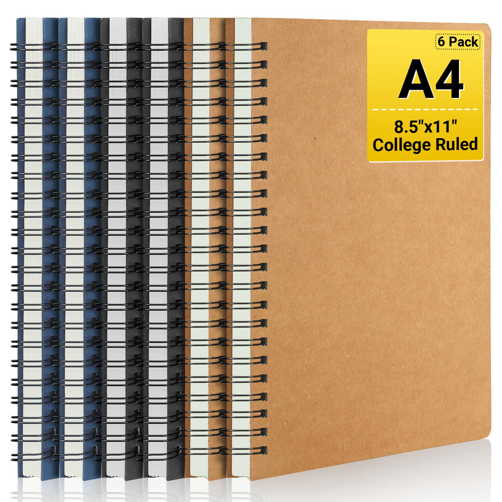 EUSOAR Quaderni a spirale, 6 confezioni A4 27,9 x 21,6 cm, quaderno a righe universitarie, 120 pagine, copertina rigida, diari per donne, uomini, studenti, ufficio, scuola, diario di viaggio, nero,