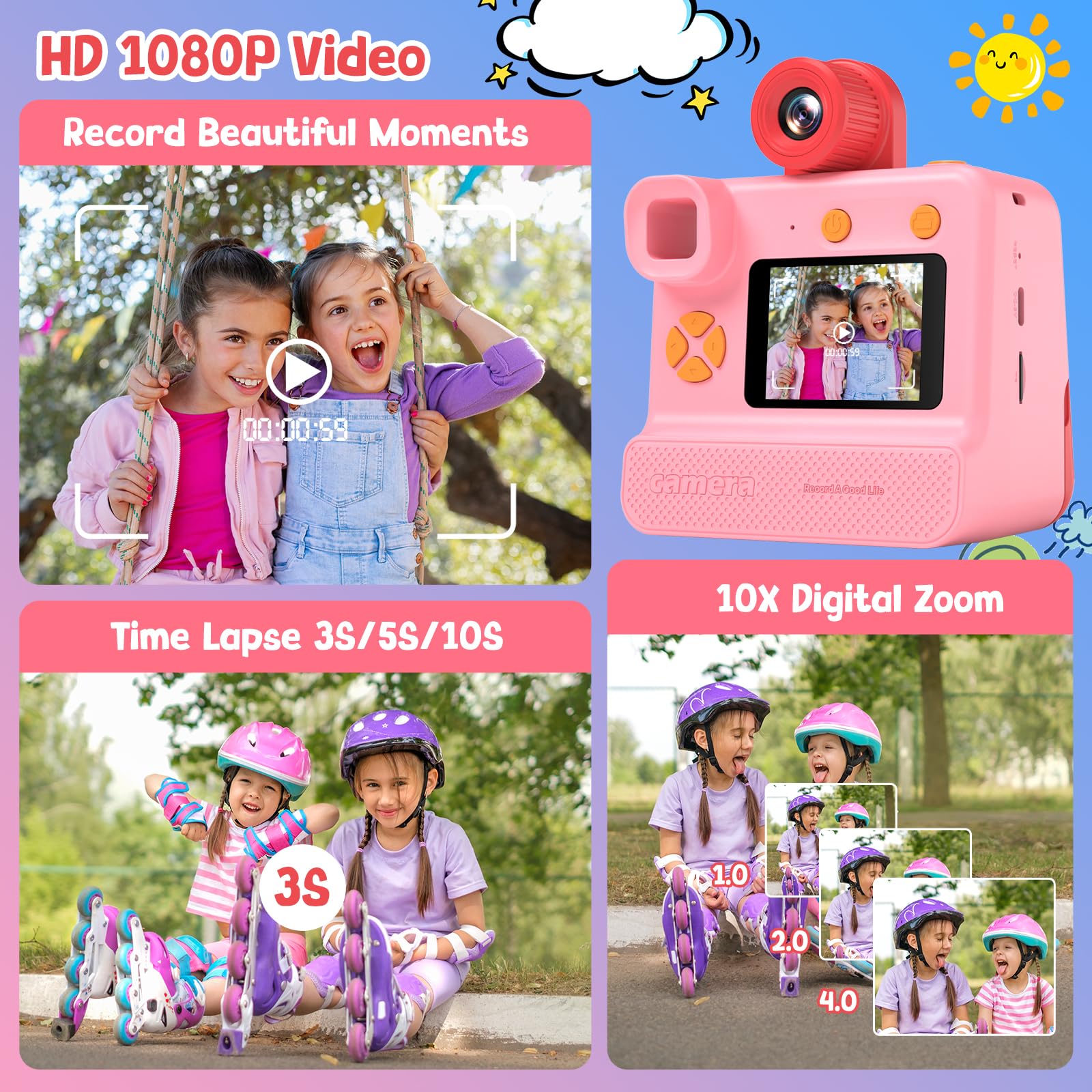 GREENKINDER Macchina Fotografica Bambini Istantanea, 1080P Macchina Fotografica Bambini con Lente 180° Flip, Scheda 32GB & Carta da Stampa, Regali di Natale Compleanno per 3-12 Ragazze Ragazzi