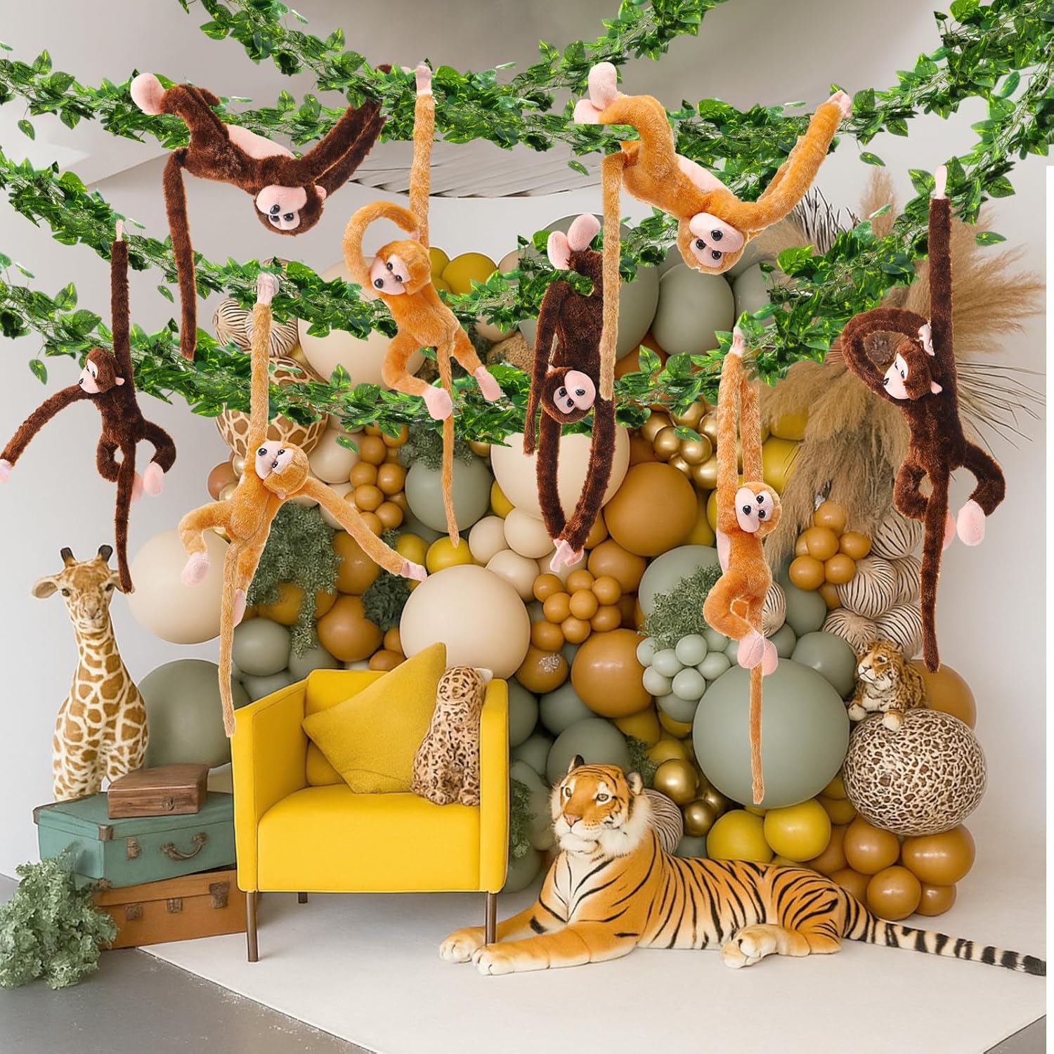 6 Pcs Jungle Theme Party Decorations Hanging Monkey Decor Stuffed Animal with 12 Pcs 7.22ft Artificial Vine Plush Hook and Loop Fastener for Rainforest Safari Birthday Party(Dark Brown, Yellow,21 in)