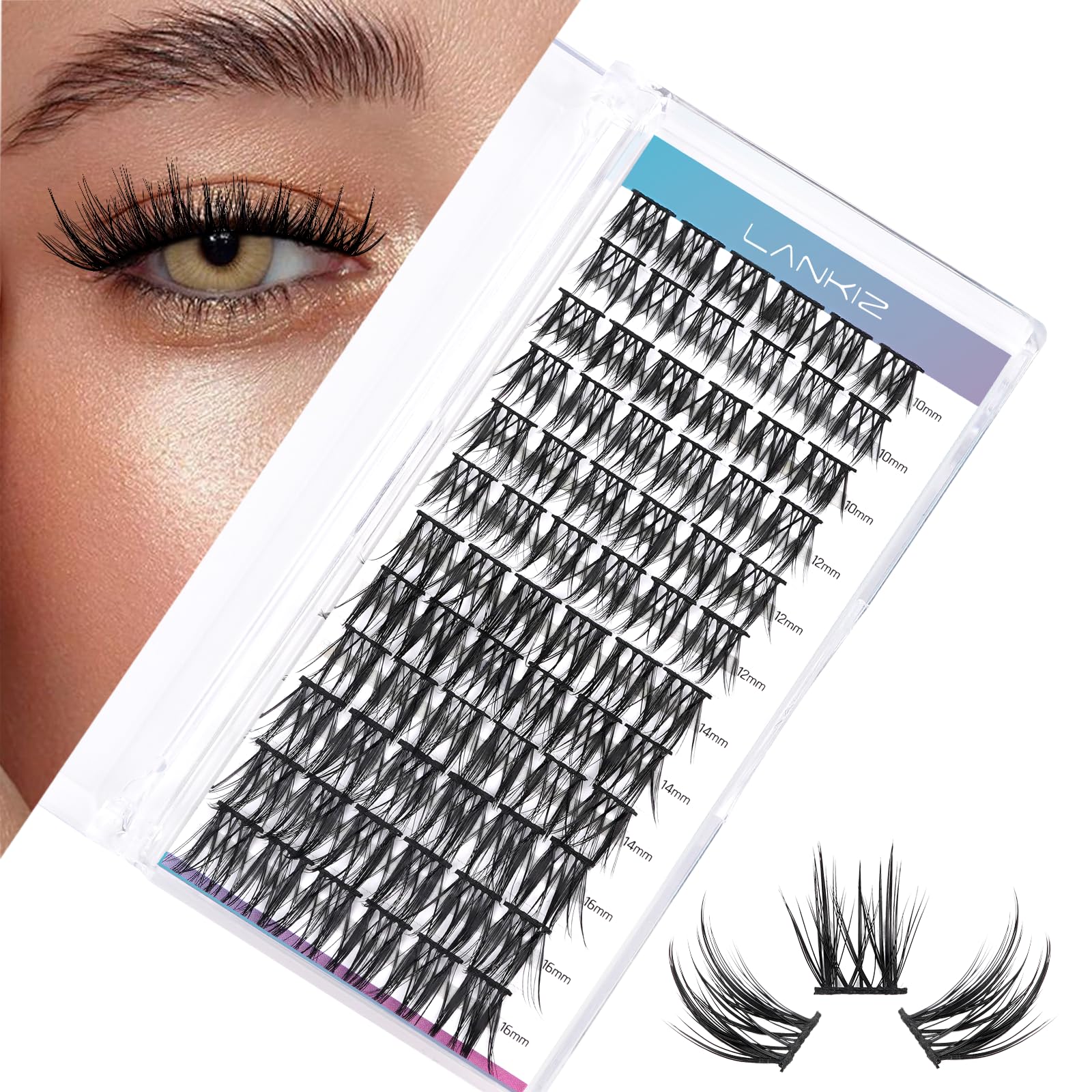 LANKIZ Lash Clusters DIY Lash Extensions Individual Lashes Natural Eyelash Clusters Extensions Soft and Lightweight Resuale Wide Band Cluster Lashes for Home Use (C03,C-MIX10-16mm)