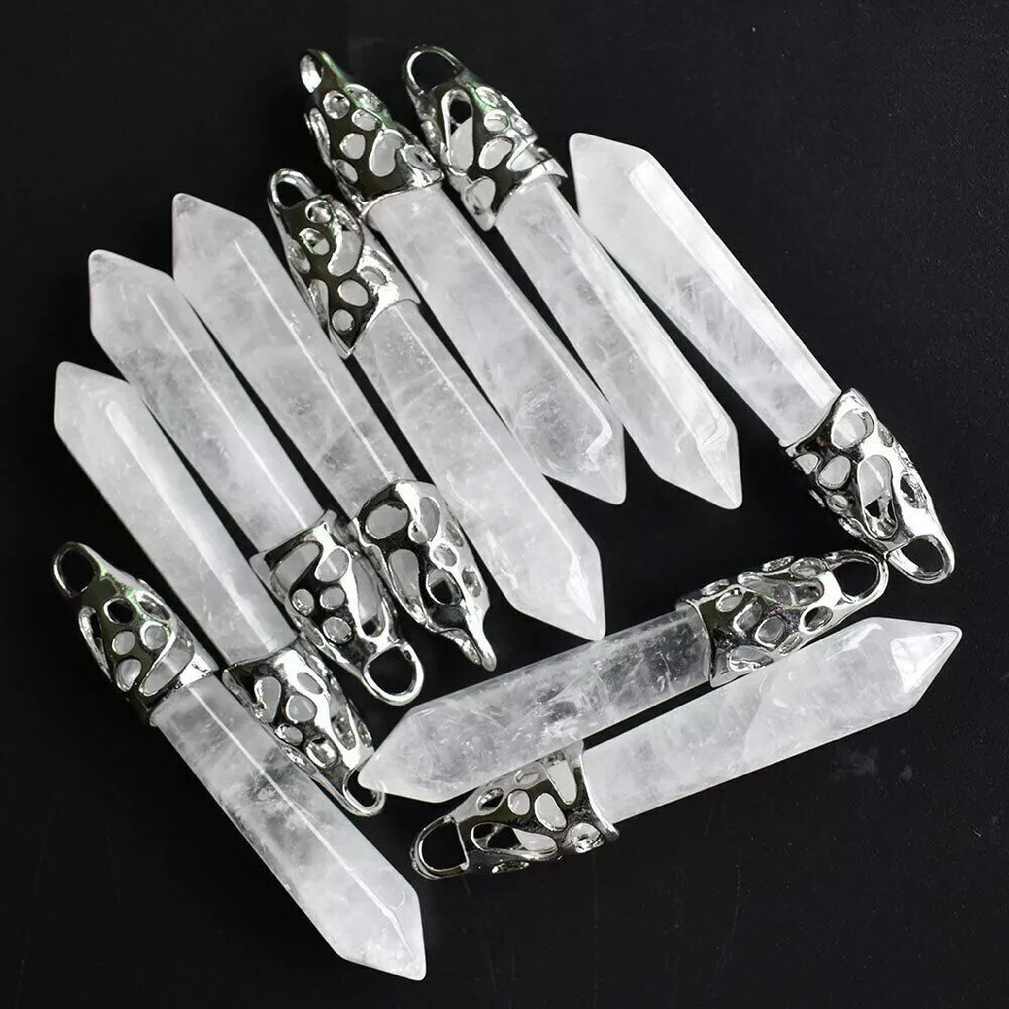 Lot de 20 pendentifs hexagonaux en Cristal Blanc Naturel 12 x 60 mm