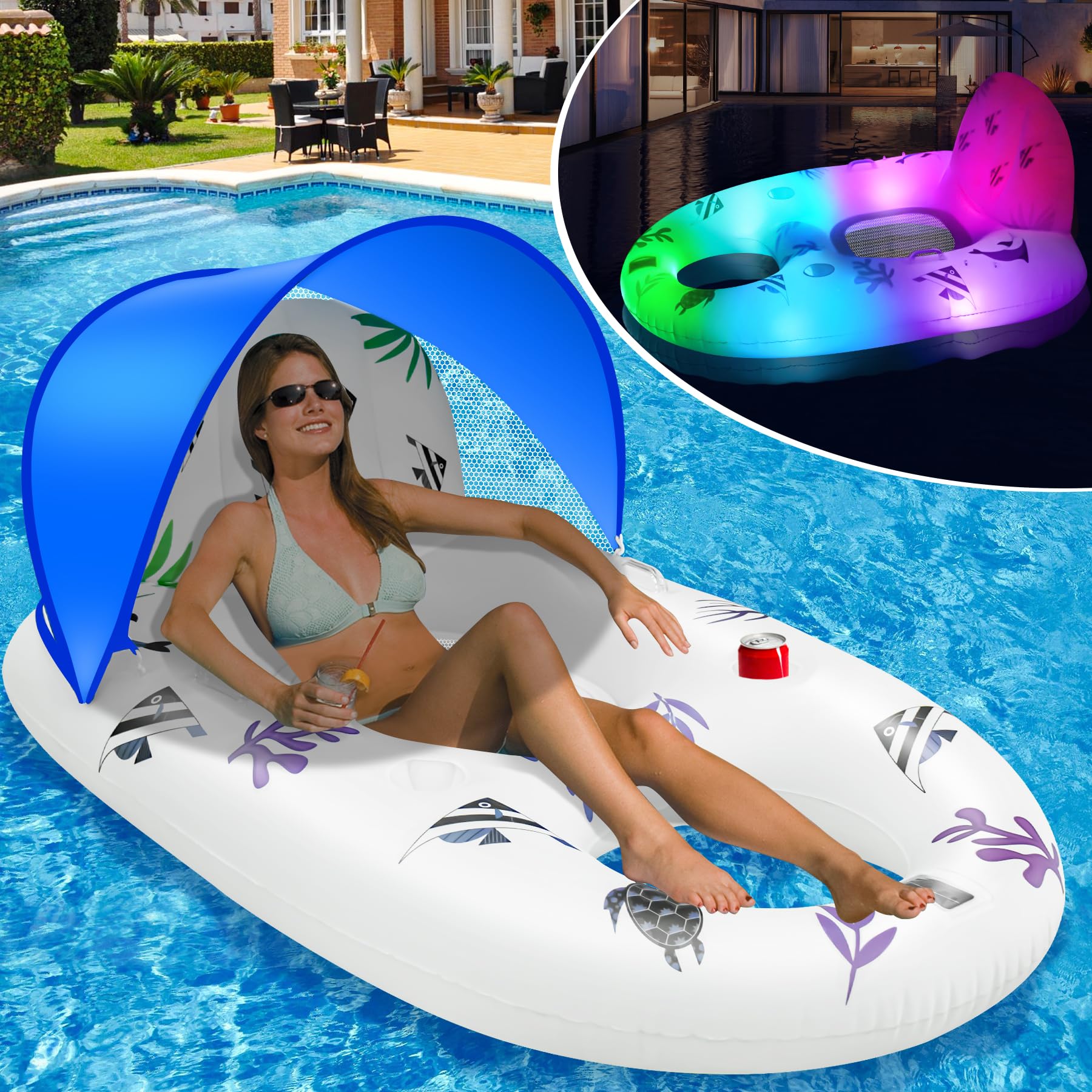 Sinbyuer Inflatable Pool Float Lounger with Canopy, Solar Powered Adult Pool Float with Color Changing Lights, Extra Large Pool Float Chair with UPF50+ Sun Canopy, 2 Cup Holders, 420 lbs Capacity