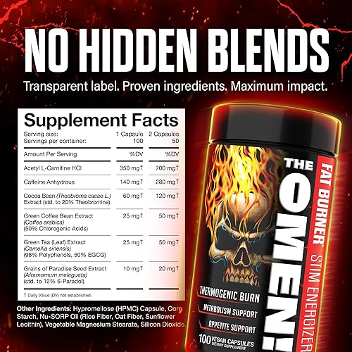 Miniatura 8 de JNX SPORTS The Omen! Quemador de grasa termogénico - Suplemento dietético para hombres y mujeres con L carnitina | Supresor del apetito y