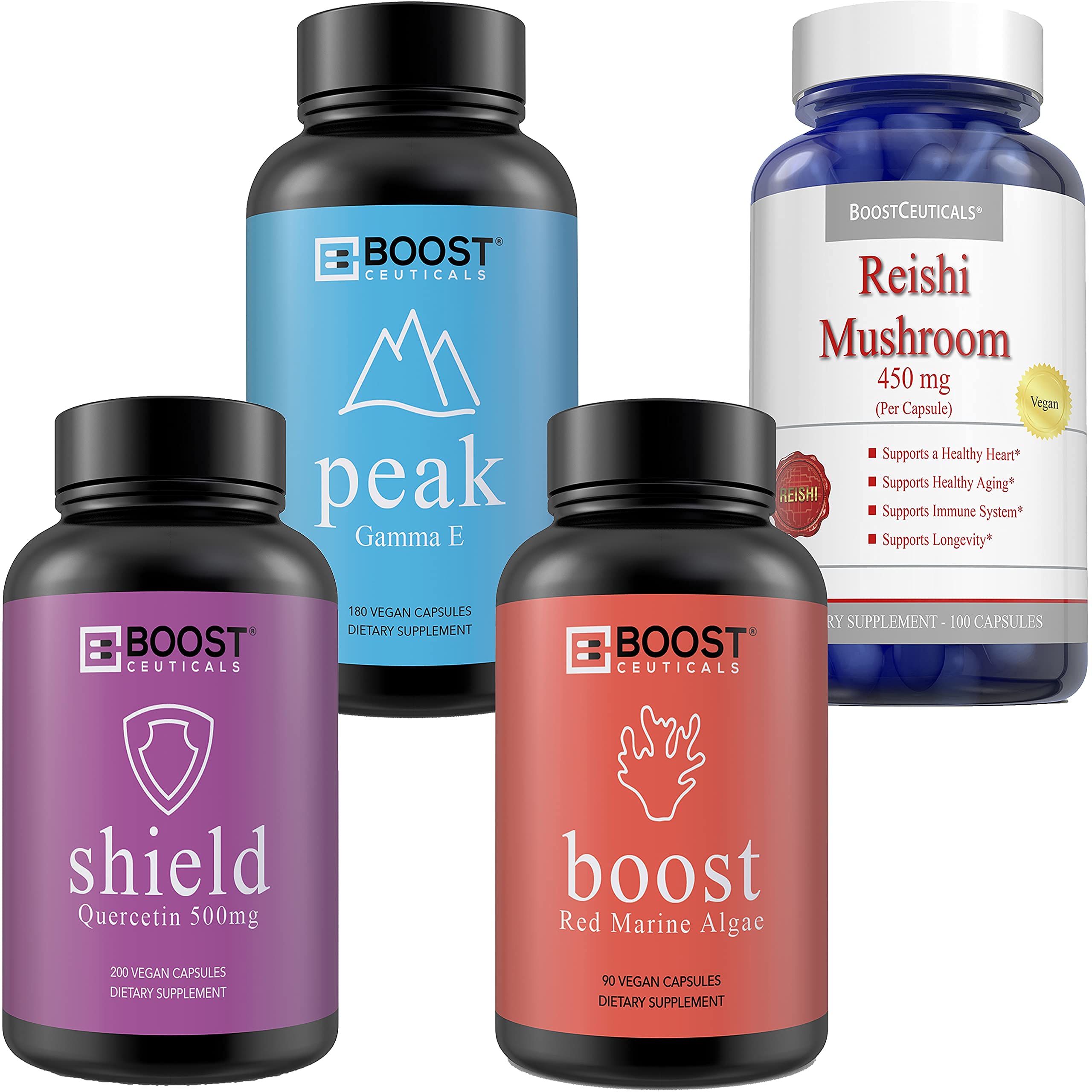 BoostCeuticalsPopular Together IMMUNITY SUPPORT BUNDLE 2 Quercetin 500 mg Reishi Mushroom Red Algae Gamma E No Stearates No Additives Vegan – Non-GMO Supplements (4 Bottles)