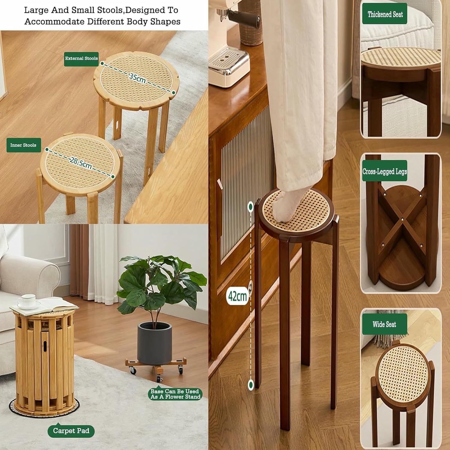 Top Stackable Round Stool,Wooden Side Table,Nesting Hidden Design,No Assembly Required for Bedroom Living Room Bar Dorm