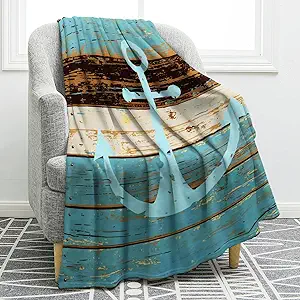 Jekeno Nautical Anchor Blanket Rustic Wood Anchor Print Gifts for Women Kids Boys Men Home Bedroom Living Room Decor Soft Cozy Lightweight Throw Blankets Blue 50"x60"