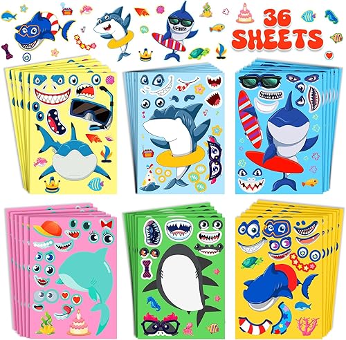 LIFEBE 36 Pcs Make Your Own Shark Stickers Ocean Animals Arts and Crafts Kits for Kids Baby Shark Face Stickers with 6 Different Design DIY Craft