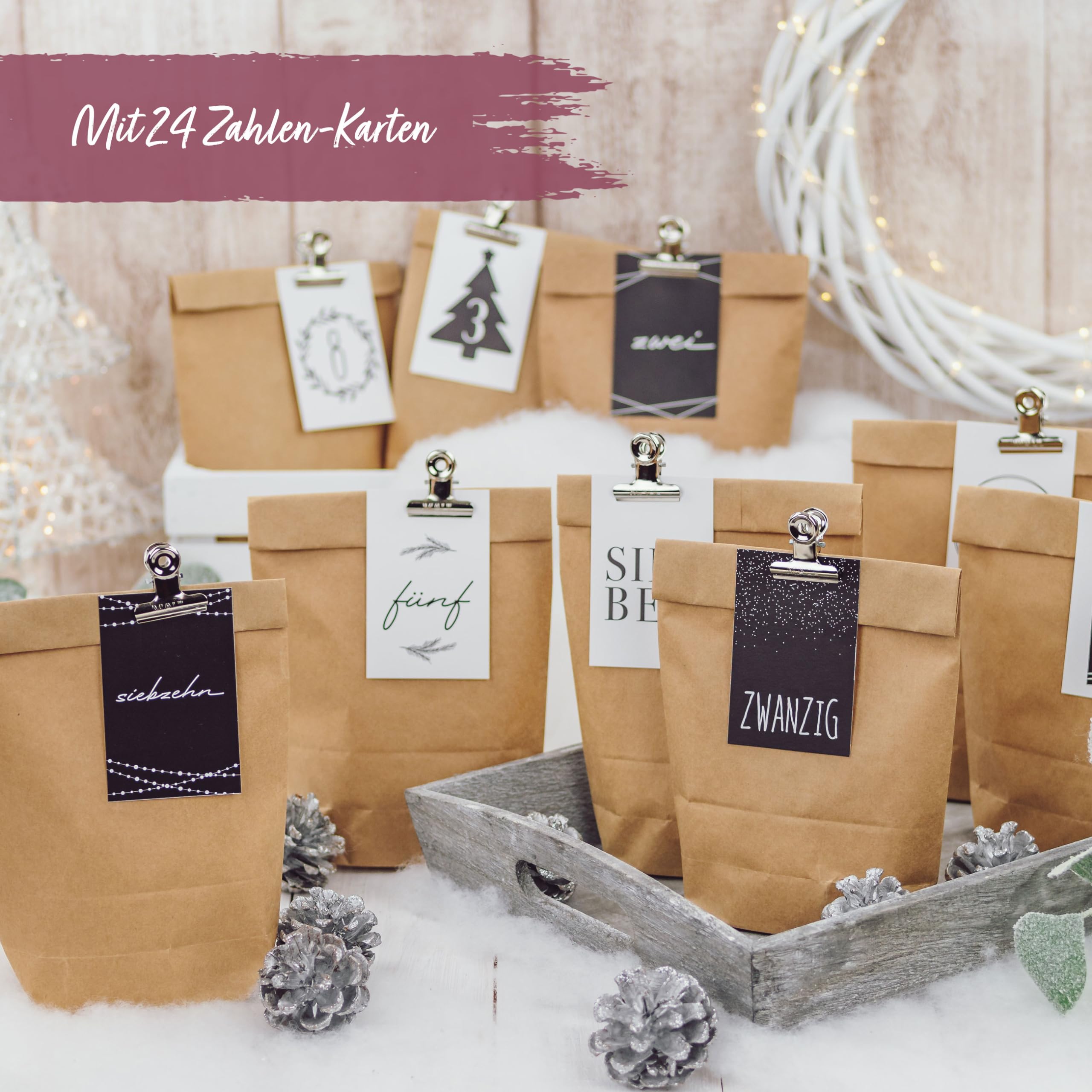 Papierdrachen DIY Advent Calendar for Filling - 24 Gift Bags and 24 Business Cards with Numbers and Metal Clips - Black and White - for DIY - Christmas