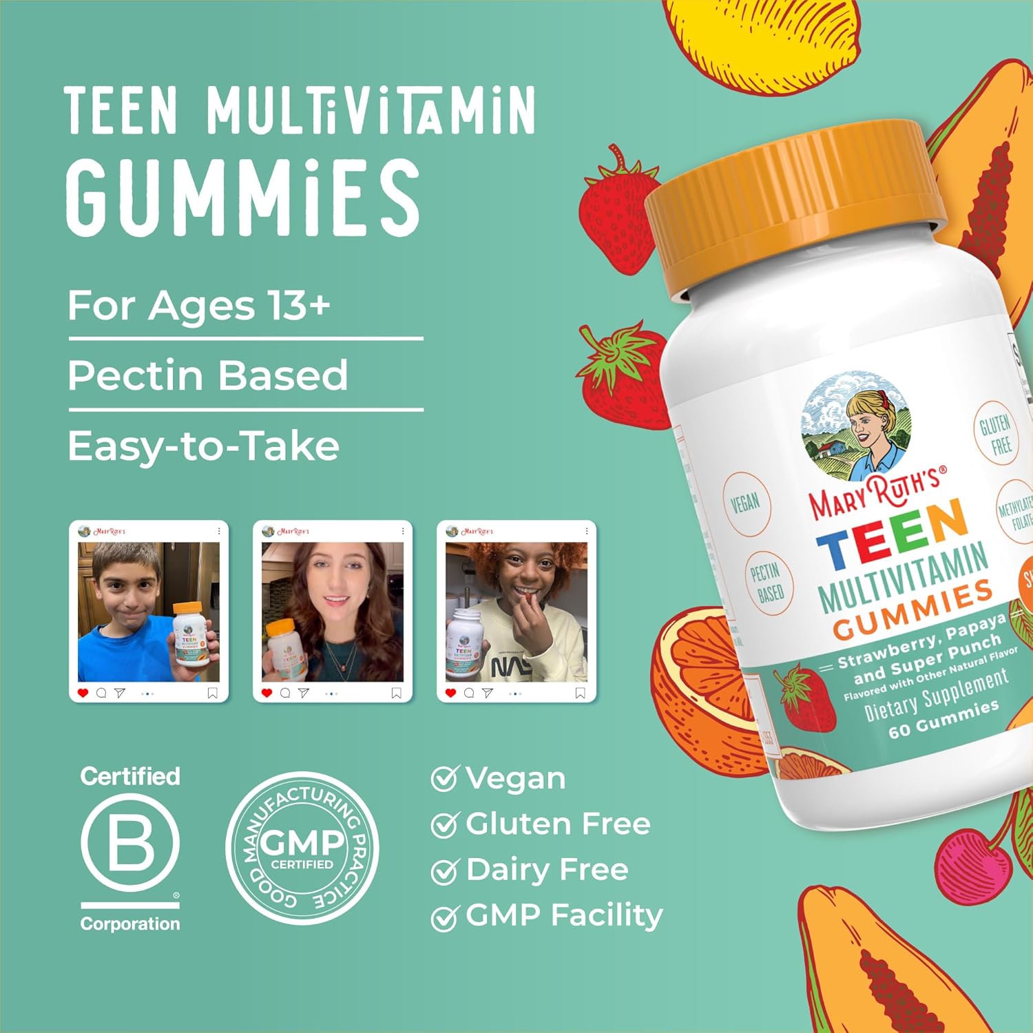 MaryRuth's Multivitamin Gummies for Teens | Vitamin D3, A, C, E, B6, B12, Zinc, Iodine, Biotin | Immunity | Tissue, Vision, & Skin Health | Vegan | Non-GMO | Sugar Free | Gluten Free | 60 Count - Image 8
