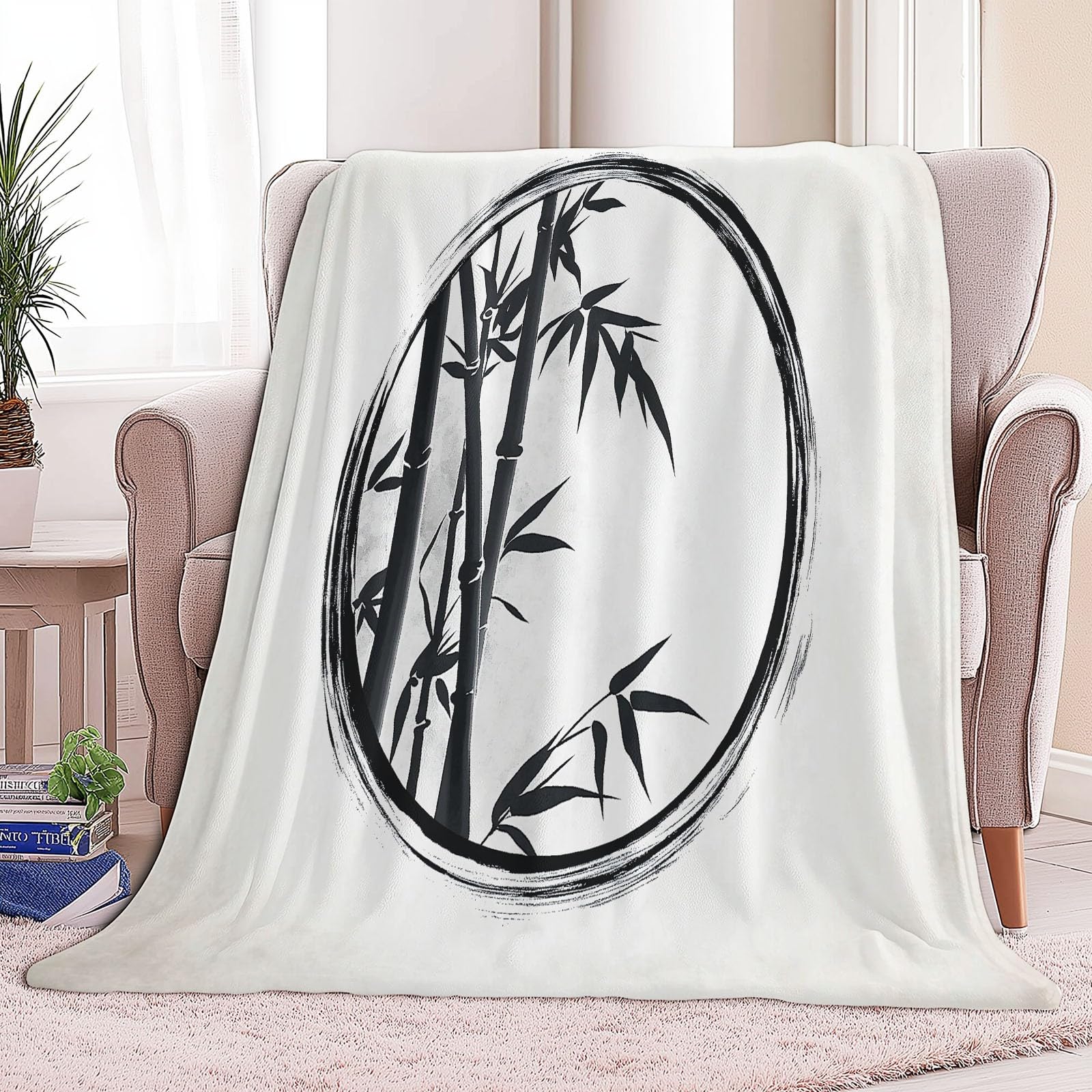 Generico Biały koc w kratę z polaru malarstwo atramentowe bambusowe koce flanelowe, 180 x 220 cm miękkie lekkie puszyste koce z mikrofibry