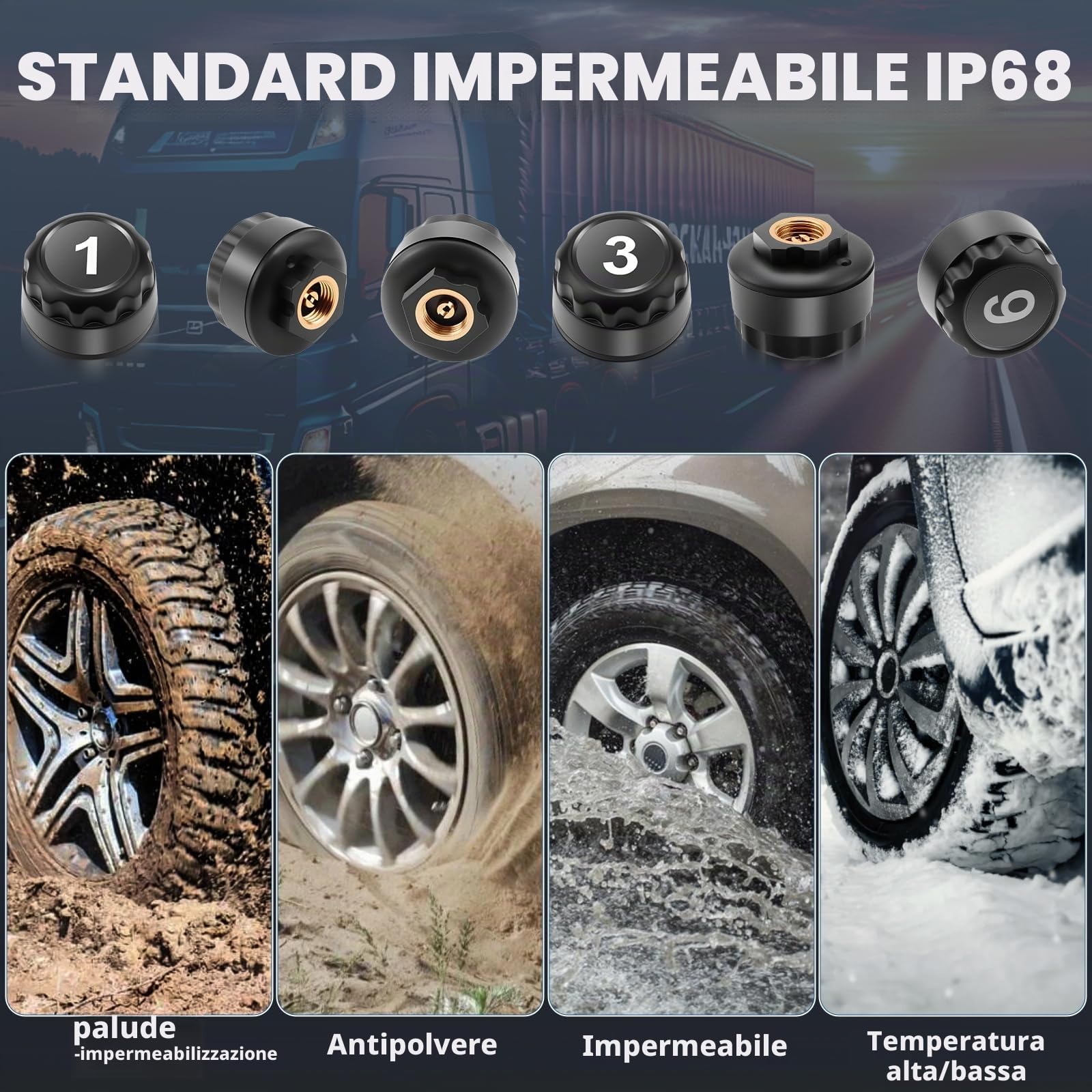 TPMS Sistema di Monitoraggio,della Pressione degli Pneumatici per Autocarri, Camper, Pullman,6 Sensori Ruote, 5 modalità Allarme, Ricarica Solare/USB(Ultima Versione)