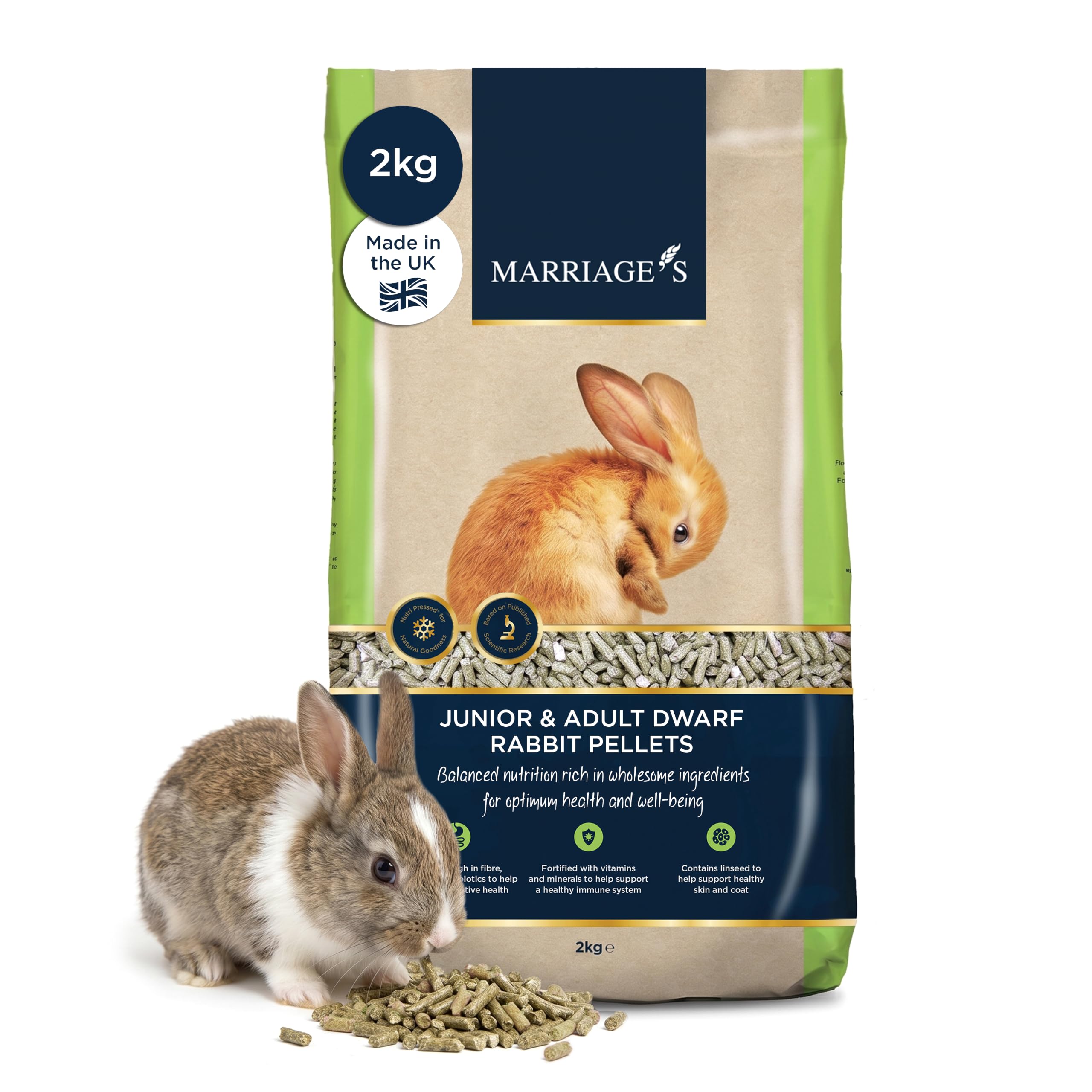 Marriage’s - Indoor Rabbit Food Pellets for Healthy Weight & Immune System, Dwarf & Baby Rabbit Food with Sunflower Seed, 100% Nutri Pressed, Suitable for 20 Weeks and Older (2kg)