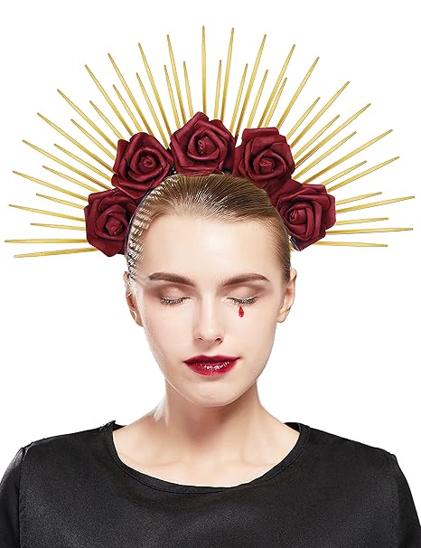 Fantherin Halo Crown with Roses Womens Mexican Flower Goddess Rose Spiked Sun Headpiece for Cosplay Halloween Costume