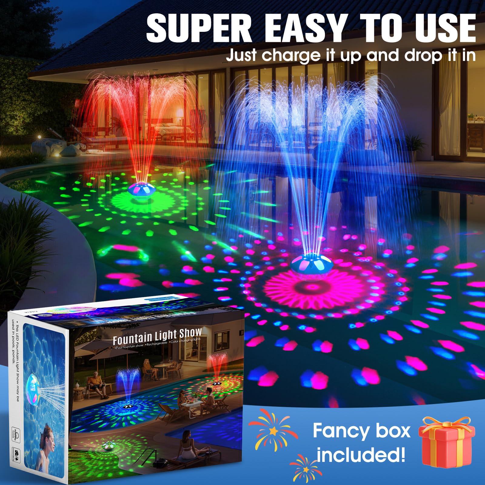 KingSom 2026 Verbesserter Springbrunnen Pool Schwimmend mit Obere & Untere LED-Licht, IP68 Wiederaufladbare Pool Springbrunnen mit Anker, 2 Sprühmodi Pools Fontäne Schwimmend für Außen Pools