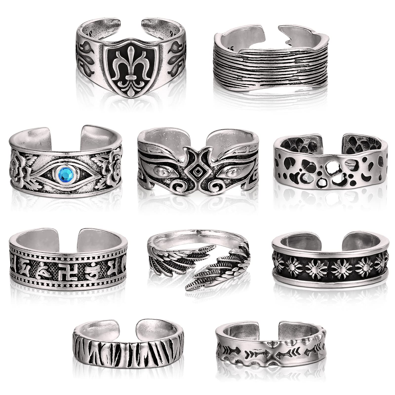 10 Pcs Men Vintage Open Punk Rings Skull Flower Cool Punk Gothic Adjustable Rings Hippie Retro Finger Toe Jewelry for Men, 10 Styles