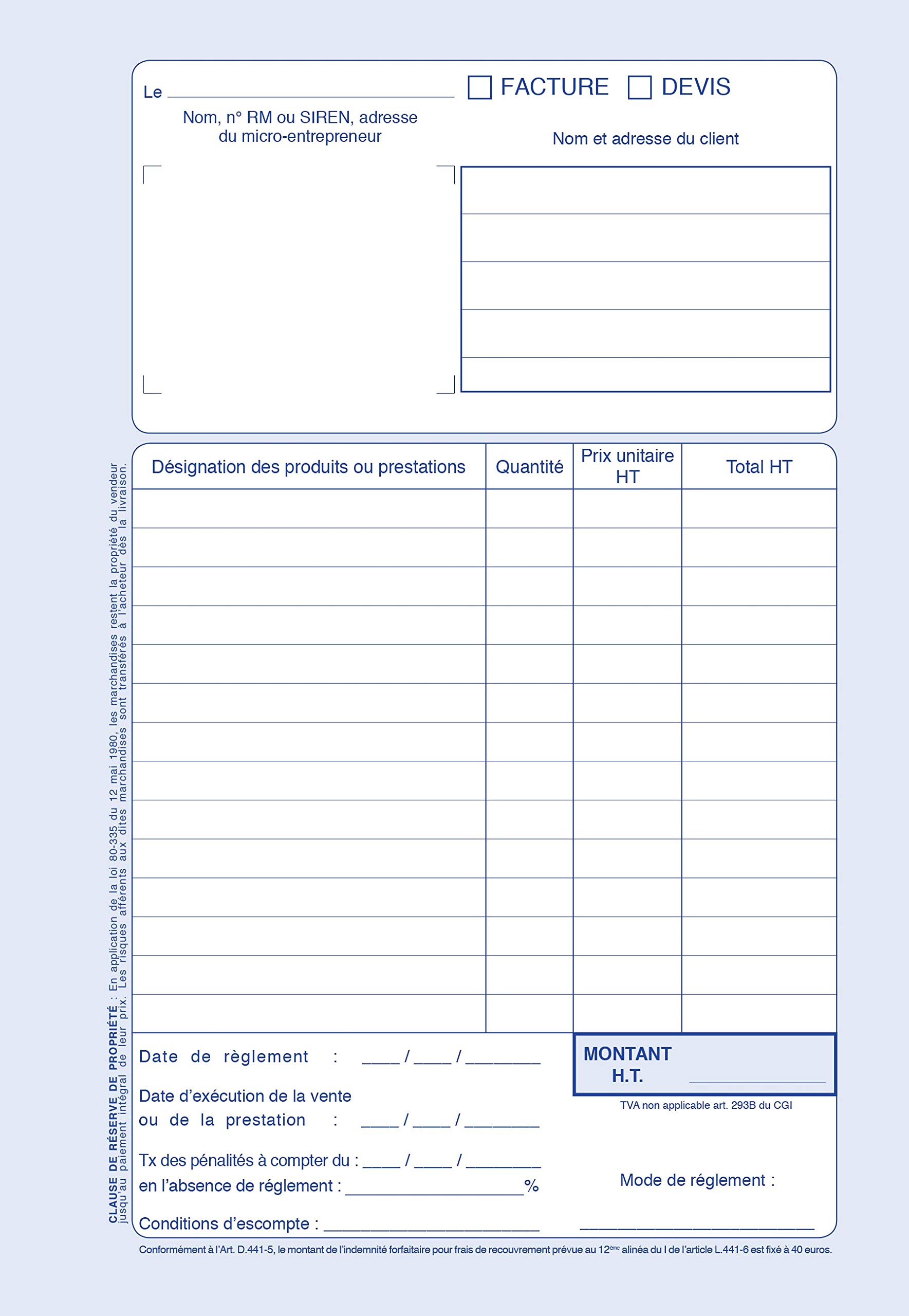 ELVE LV19550 Lot de 5 Carnets Autocopiants Factures/Devis pour Auto-entrepreneurs en Format A5 avec 50 Duplicata