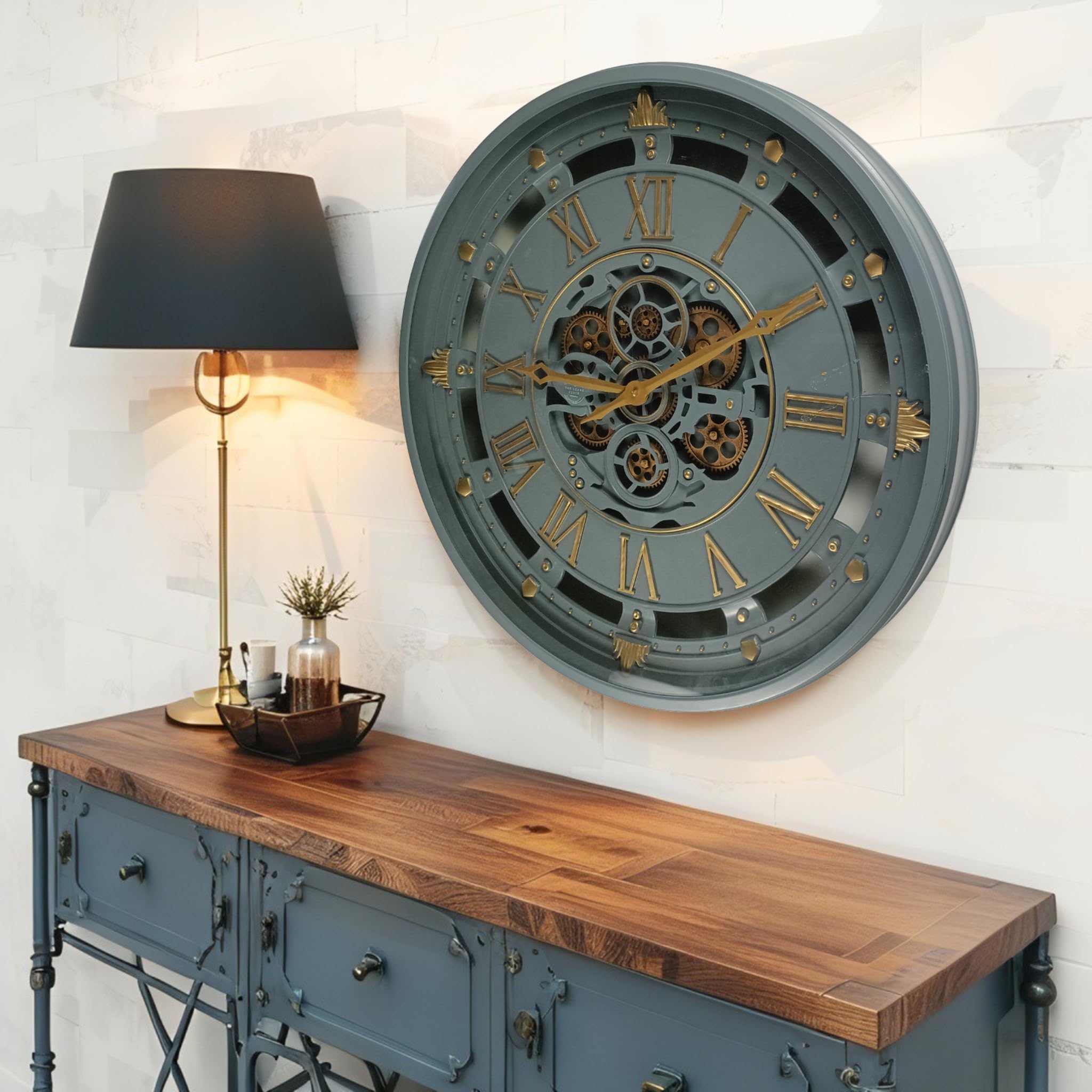 The Gears Clock Wanduhr 26 Zoll mit echten beweglichen Zahnrädern, Belgische Linie mit Glasabdeckung, Grau, 66 cm