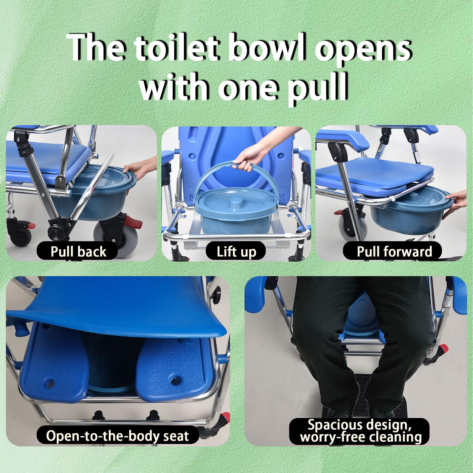 Sedia Comoda WC per Anziani con Rotelle, Sedia Comoda Pieghevole WC per Disabili con Padella, Sedia da Doccia Impermeabile e Antiscivolo con Braccioli e Schienale, Portata 150kg