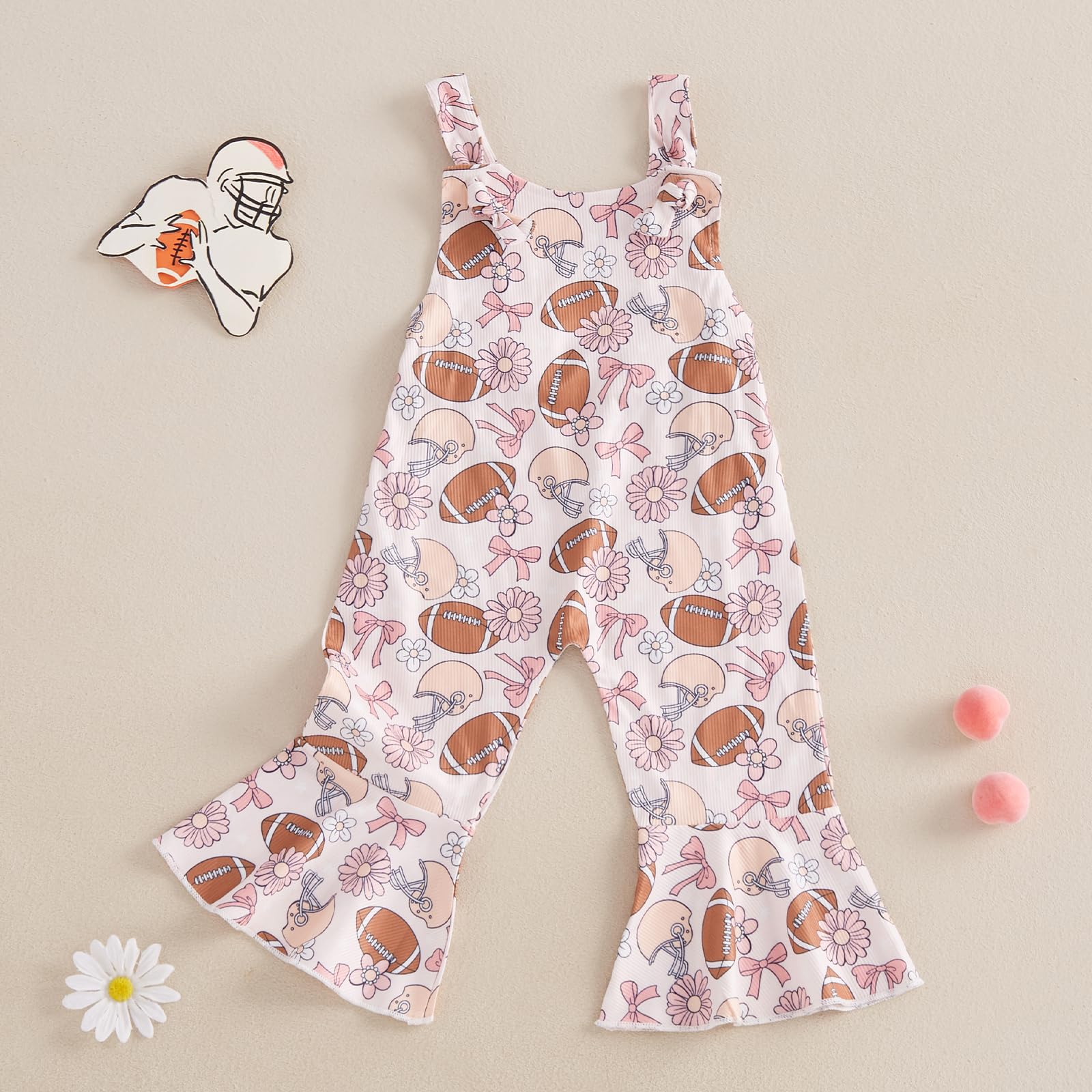 Gaono Toddler Baby Girl Football Outfit Rugby Floral Sleeveless Bell-Bottom Jumpsuit Bib Overalls Suspender Pants (Pink, 12-18 Months)