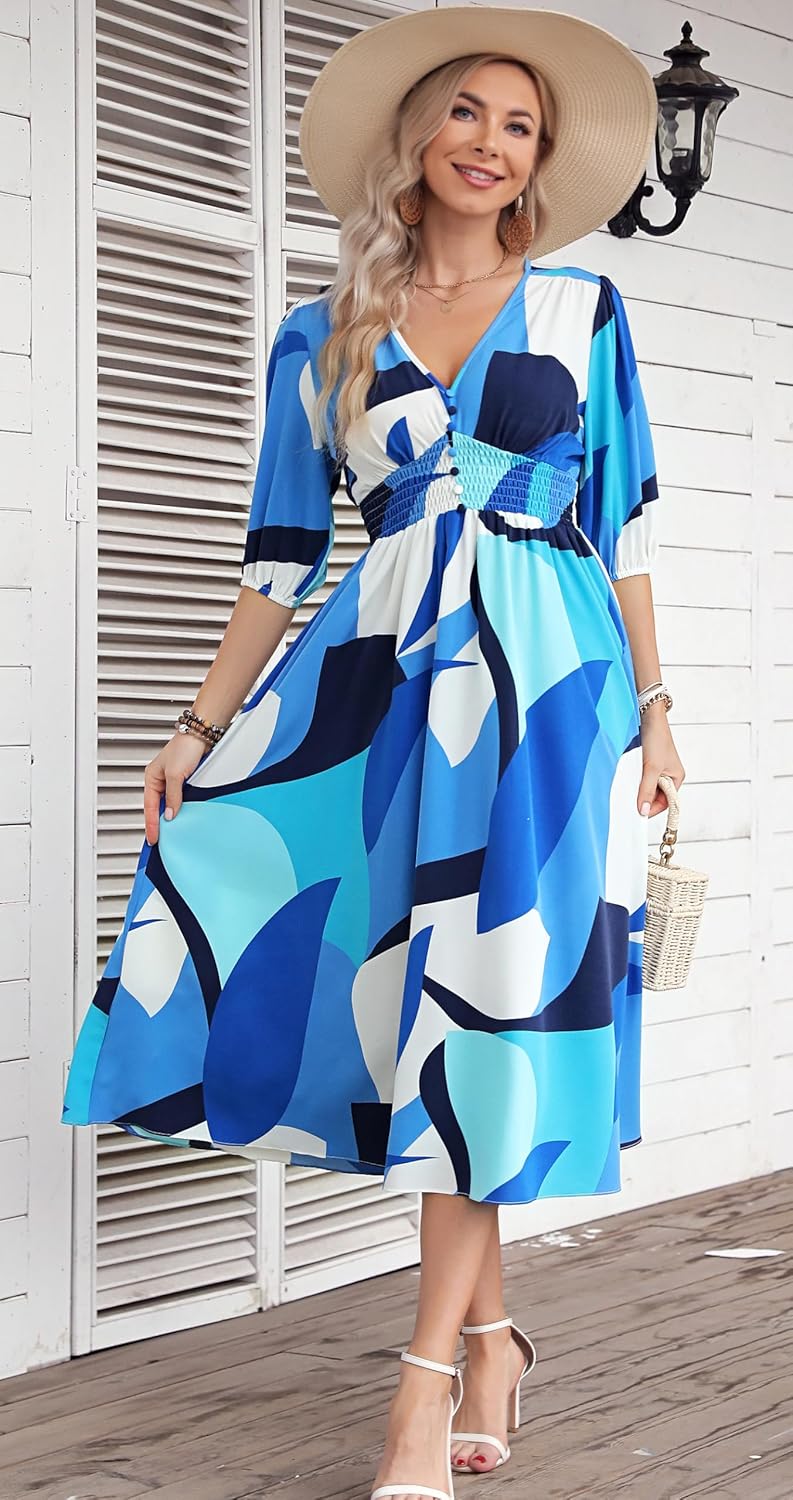 Kormei Women Casual Boho V Neck 3/4 Sleeve Smocked Waist A Line Flowy Swing Midi Dress Smocked Long Dress - Image 3