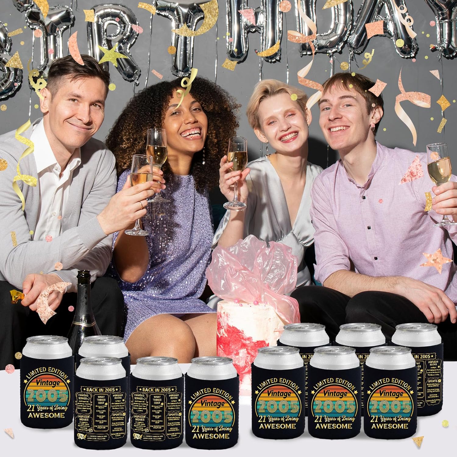 21st Birthday Decorations for Men Women, 21st Party Decorations, 21st Birthday Party Supplies, 21st birthday party favors, 21st Birthday Party Beverage Can Cooler Sleeves, 12-Pack, Black & Gold - Image 5