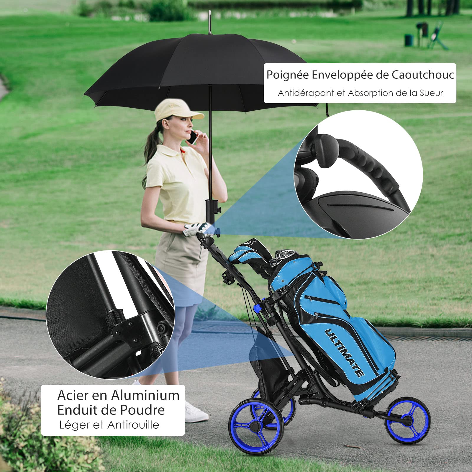 GOPLUS Chariot de Golf Pliable à 3 Roues, 4 Positions de Hauteur Réglables, Cadre en Alu, Porte-ombrelle Réglable, Sac Étanche, Frein à Pied, 121 x 70 x 116 CM