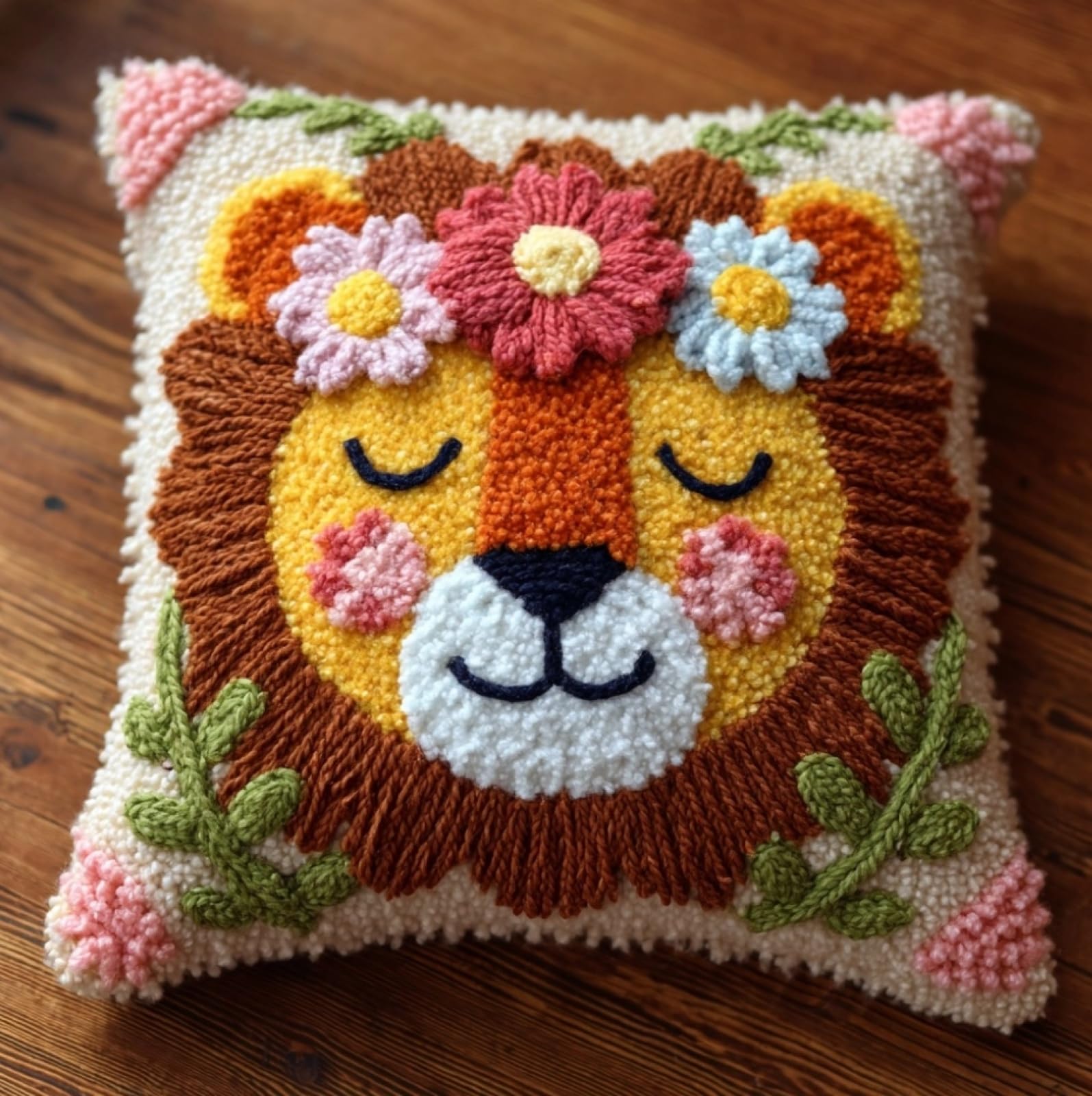 WallustrioaW Latch Hook Cushion Cover Kits 43x43cm,Lion with a Wreath