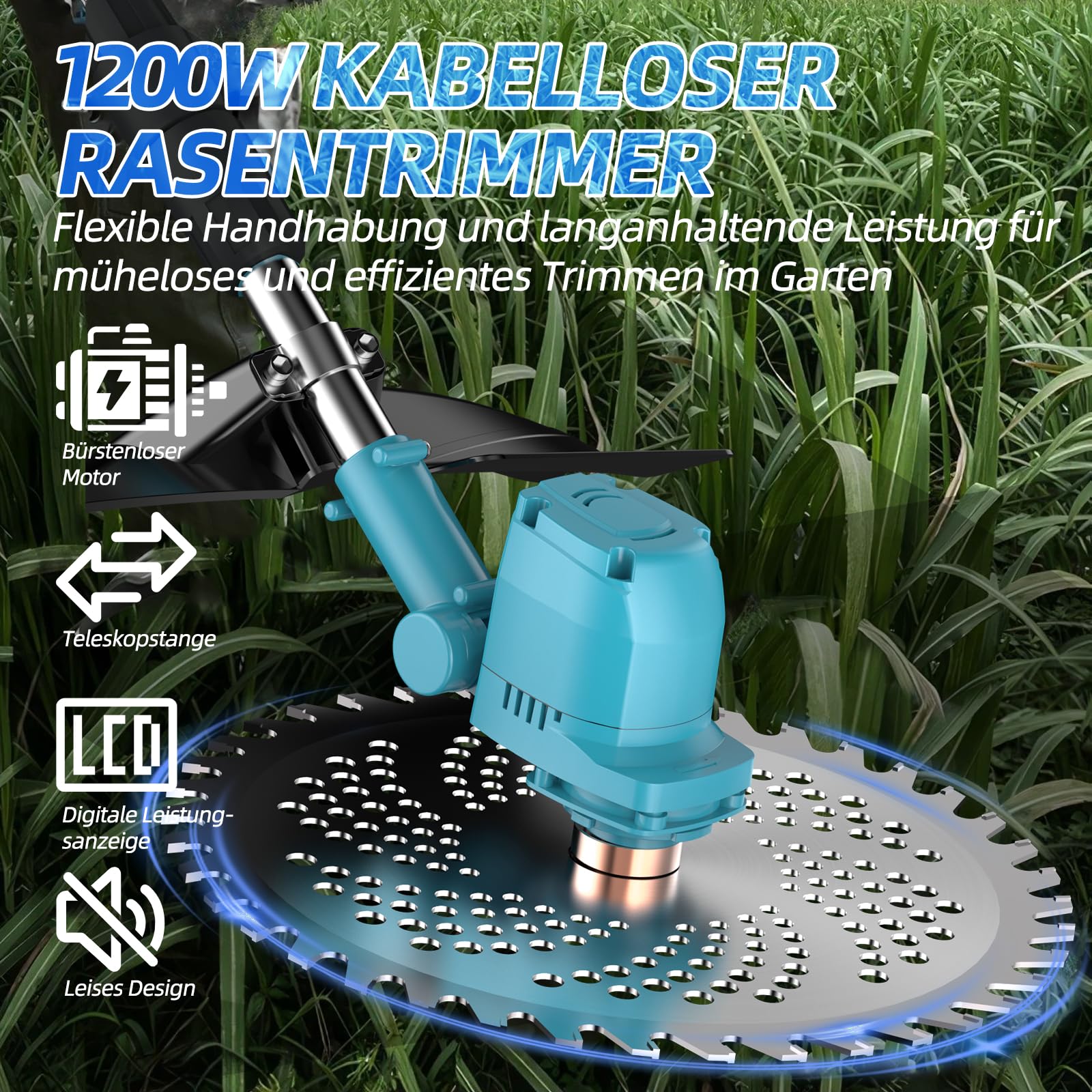 Cortabordes inalámbrico para baterías Makita, Motor sin escobillas 1200W, 2 baterías 4000mAh, telescópico, Cabezal Ajustable césped y maleza