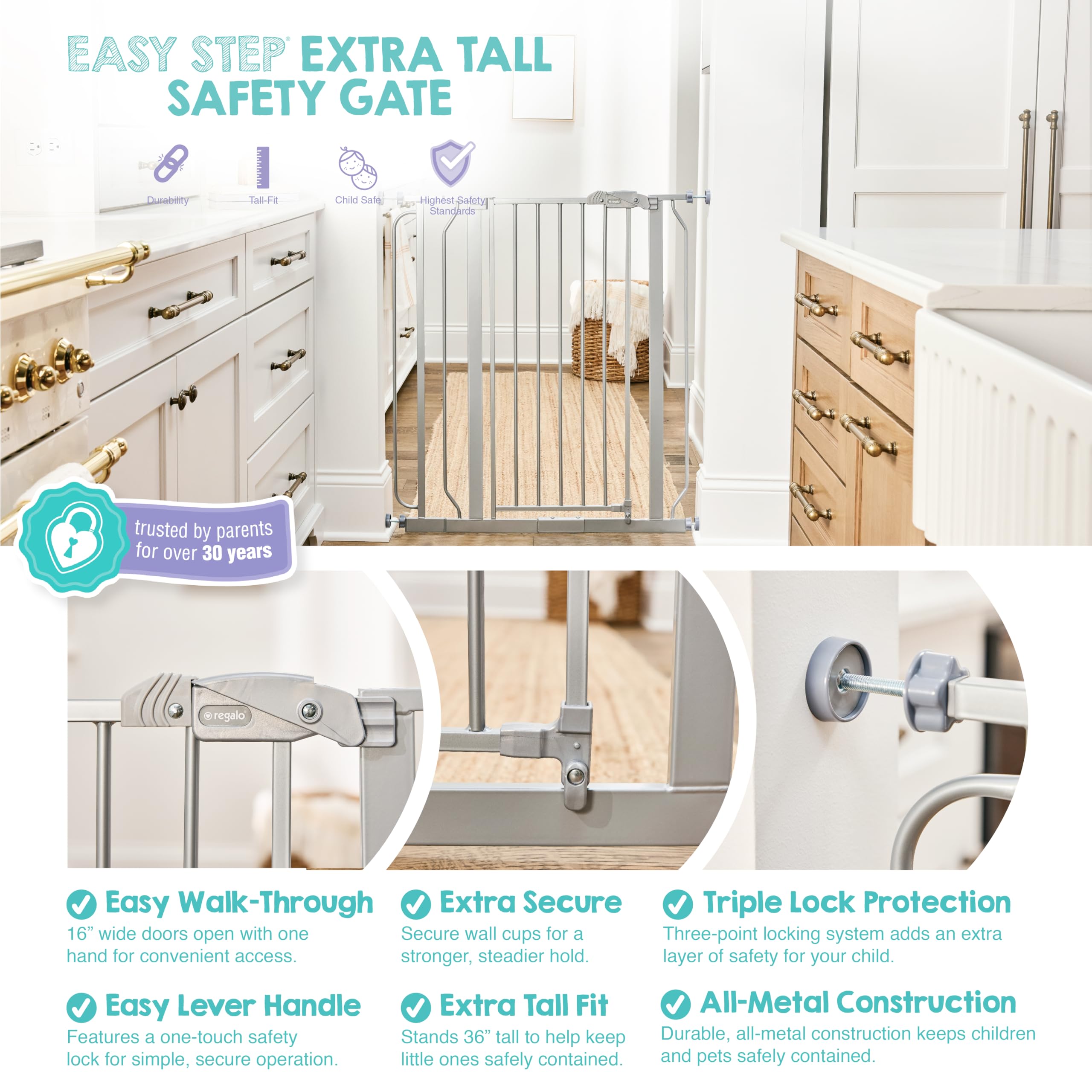 Regalo Safety 91.4cm Extra Tall Baby Gate for Doorways & Bottom of Stairs, Fits Openings 73.6-90cm (Extension Included), Pressure Mounted for Babies, Toddlers & Pets