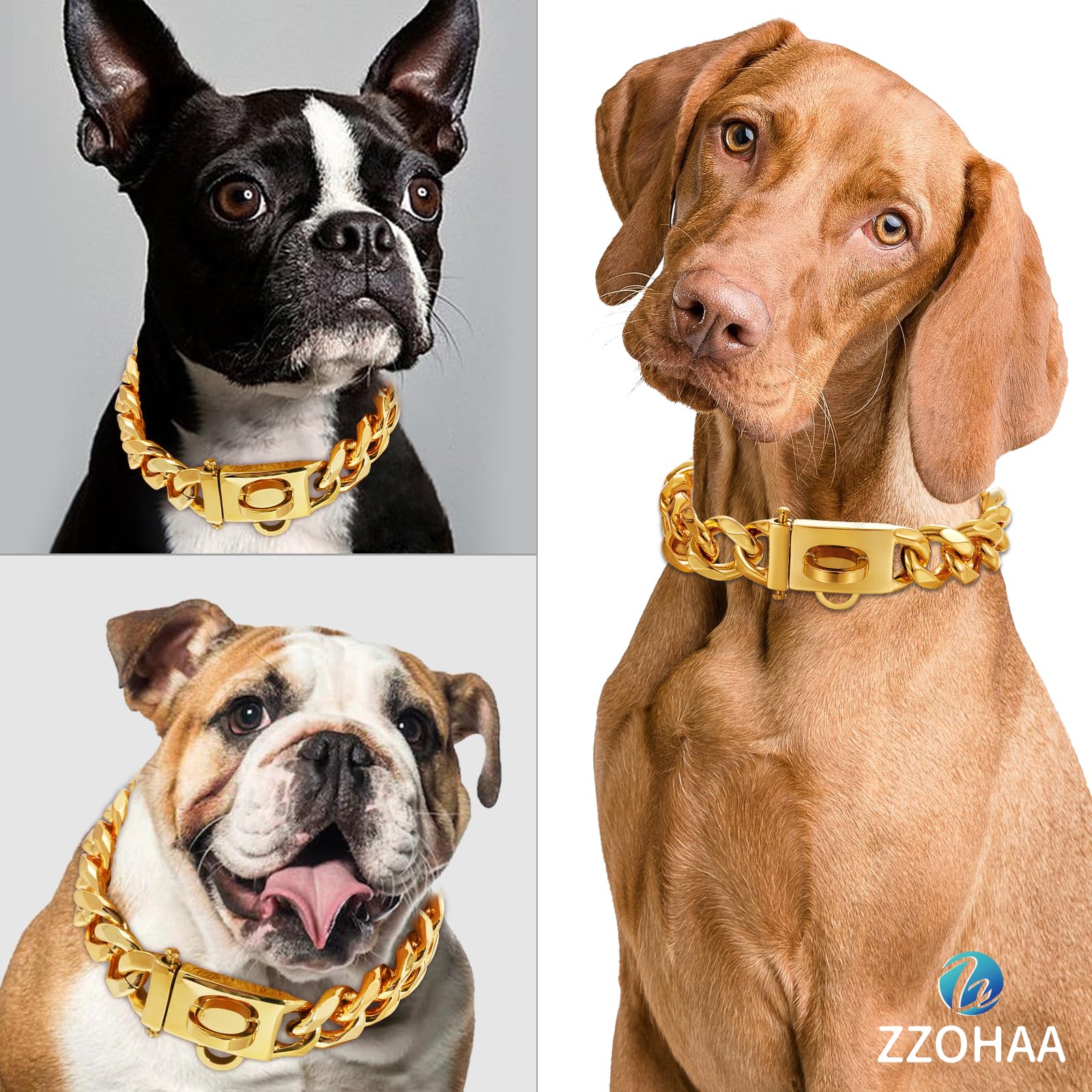 19mm Wide Gold Dog Chain Collar with Steel Buckle, Heavy Duty Walking Metal Chains Collar - Image 2