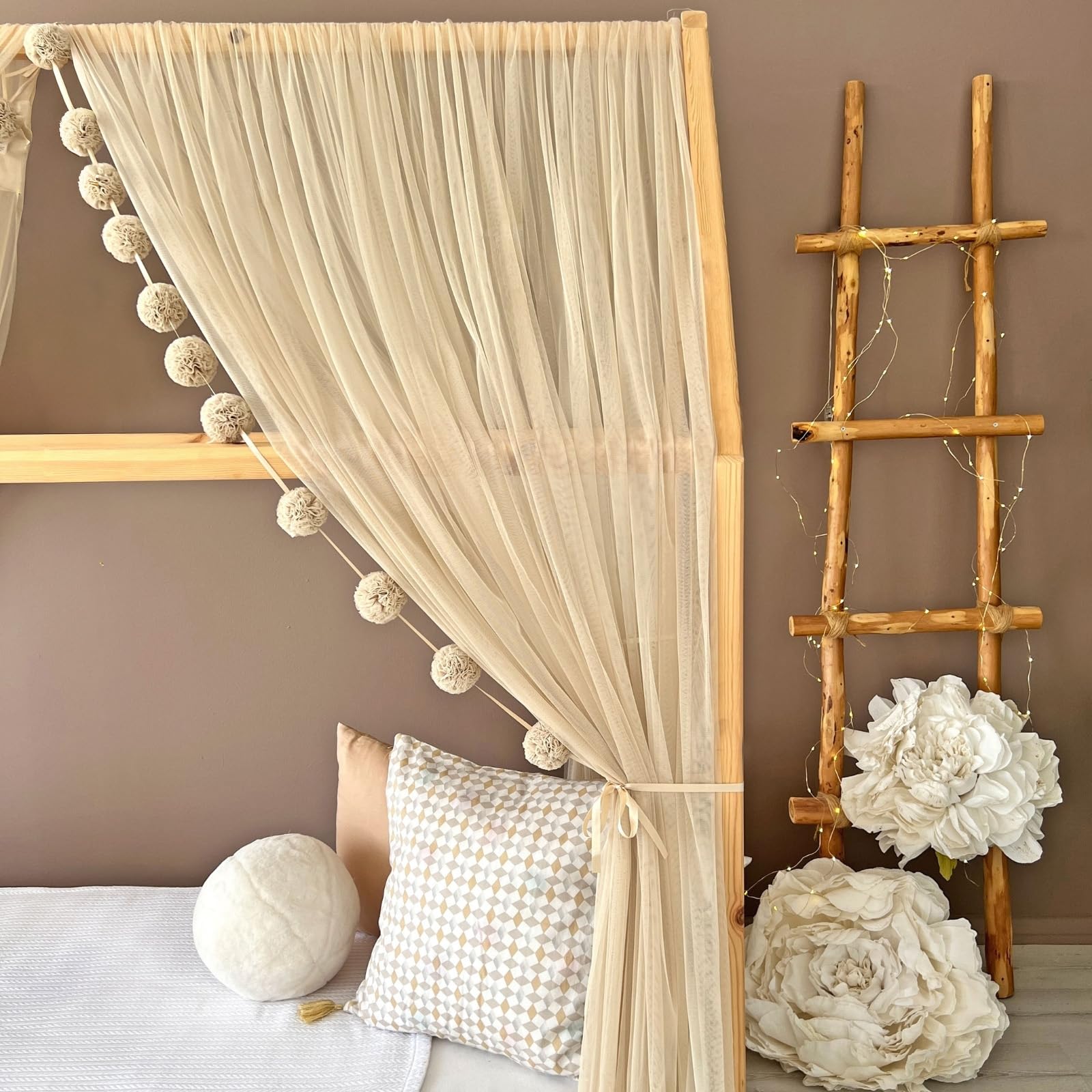Toldo de cama estilo princesa para niñas, decoración de habitación de niños para camas Montessori, regalo de tul suave para niños pequeños (beige, 440 cm, juego 1)