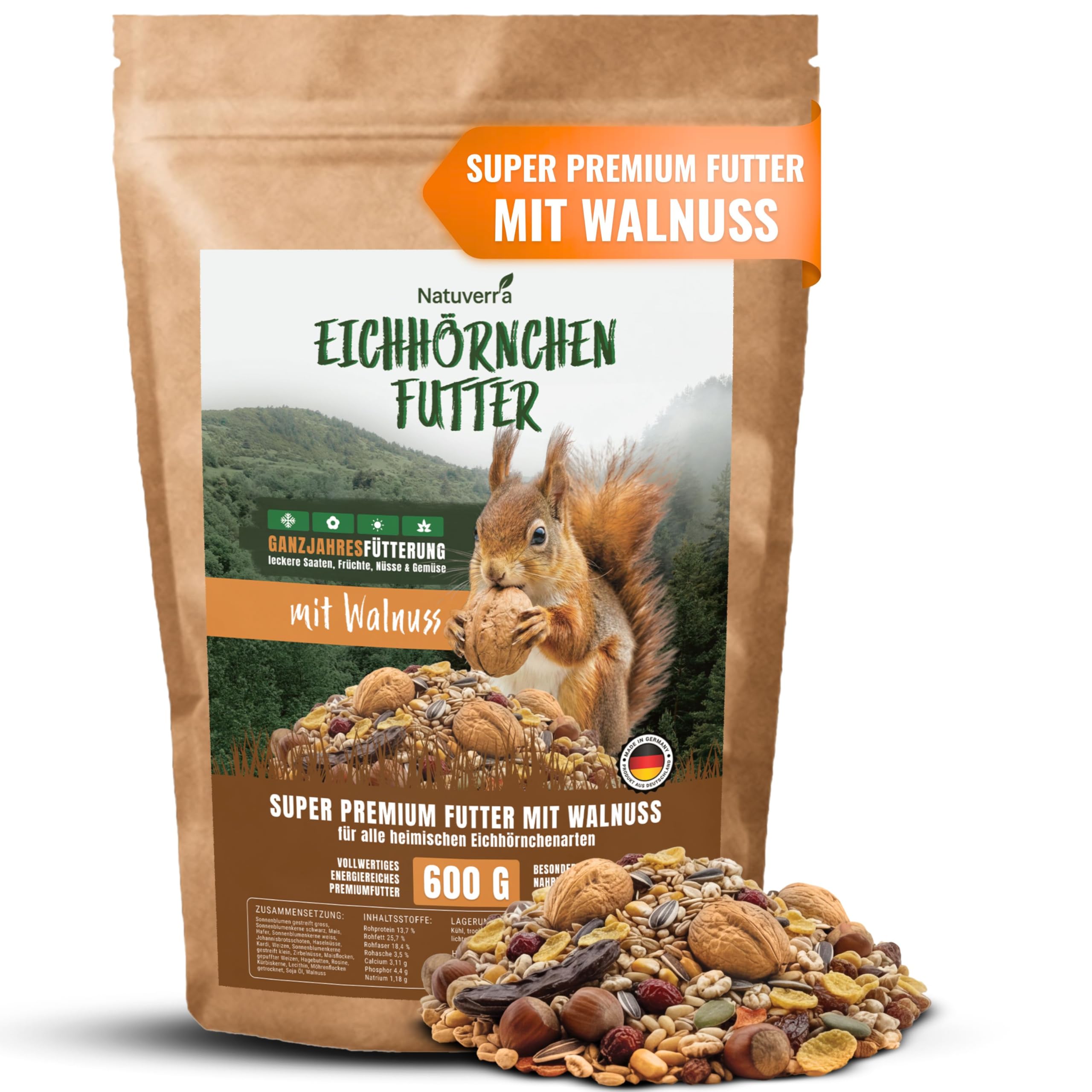 Comida para ardillas y ardillas, 600 g, para todo el año, con nueces en cáscara