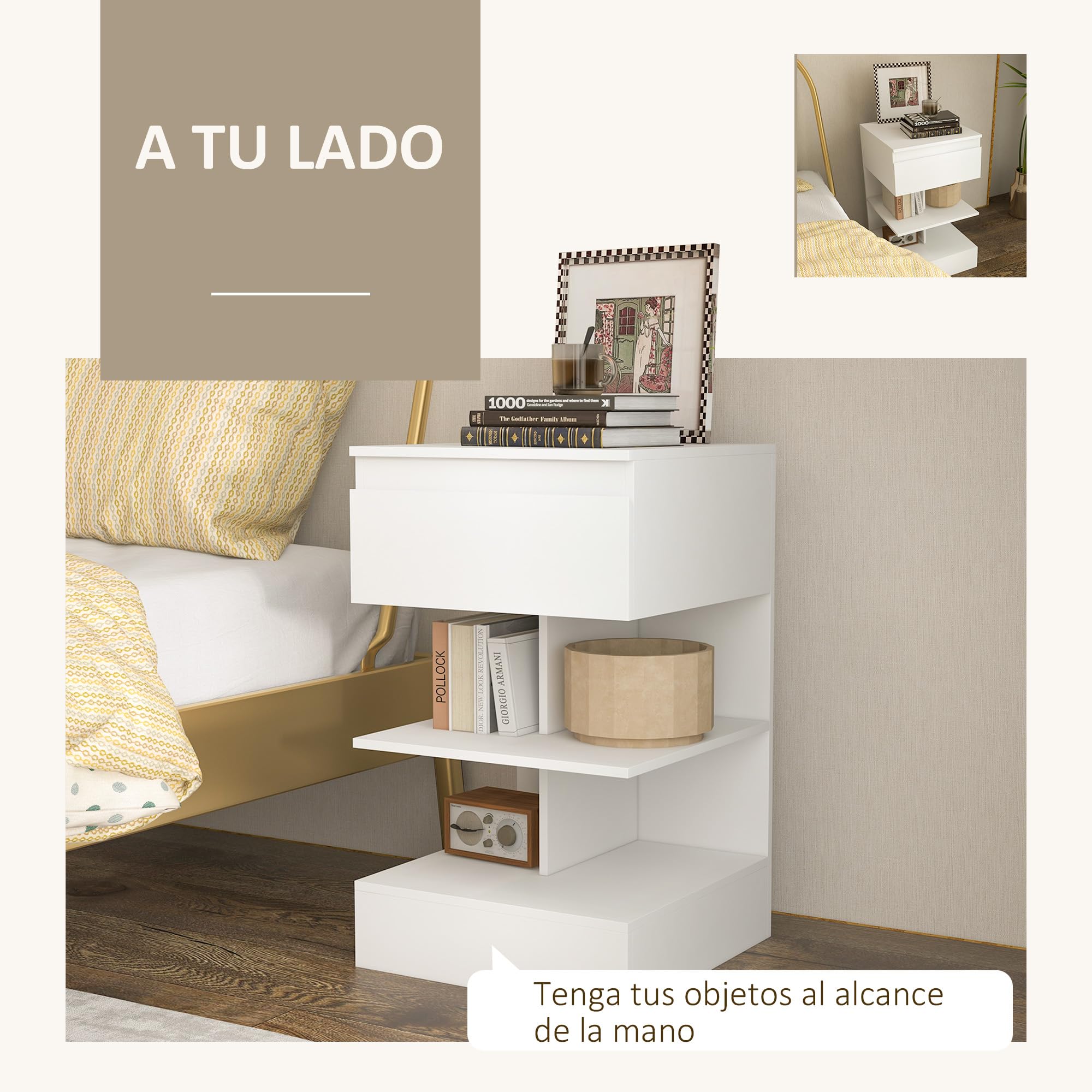 HOMCOM Mesita de Noche Mesa Auxiliar con Cajón para Cama 39x39x65 cm Blanco | 2 Estantes Abiertas, Dormitorio Salón Oficina, Estilo Moderno