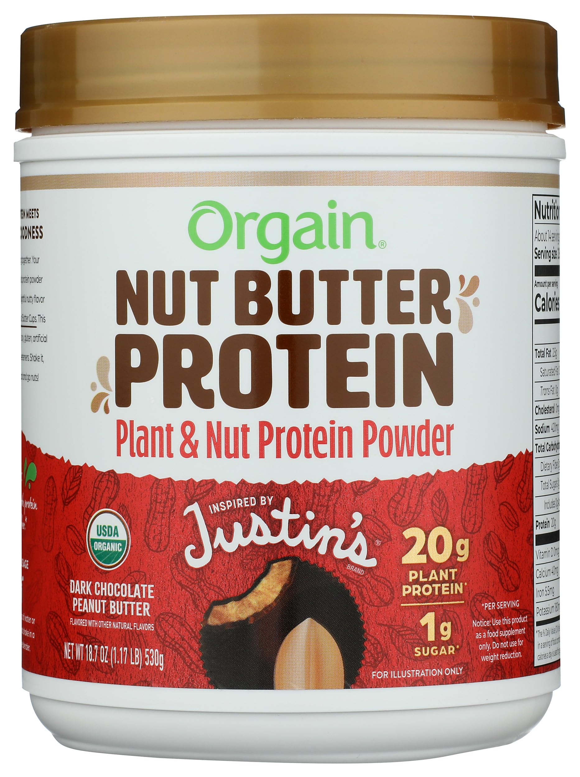 - X Justin's ® Organic Vegan Nut Butter Protein Powder, Chocolate Peanut Butter- 20g Plant Protein, 1g Sugar, Gluten Free, No Dairy, Soy Ingredients, or Artificial Flavors, 1.17 lb