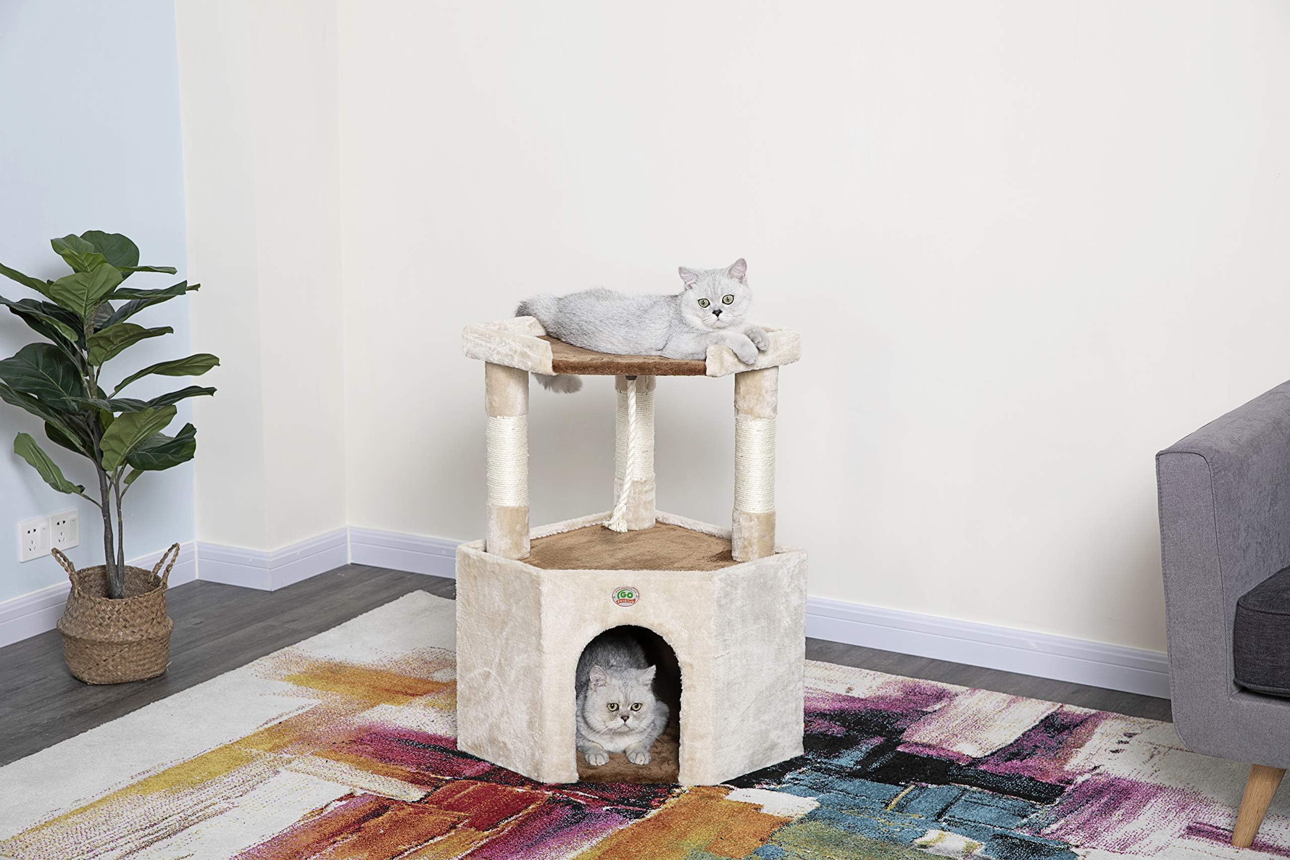 Go Pet Club 32" Corner Cat Tree Kitty Scratcher Kitten Tower House Furniture with Bottom Condo and Large Perch for Indoor Cats, Beige