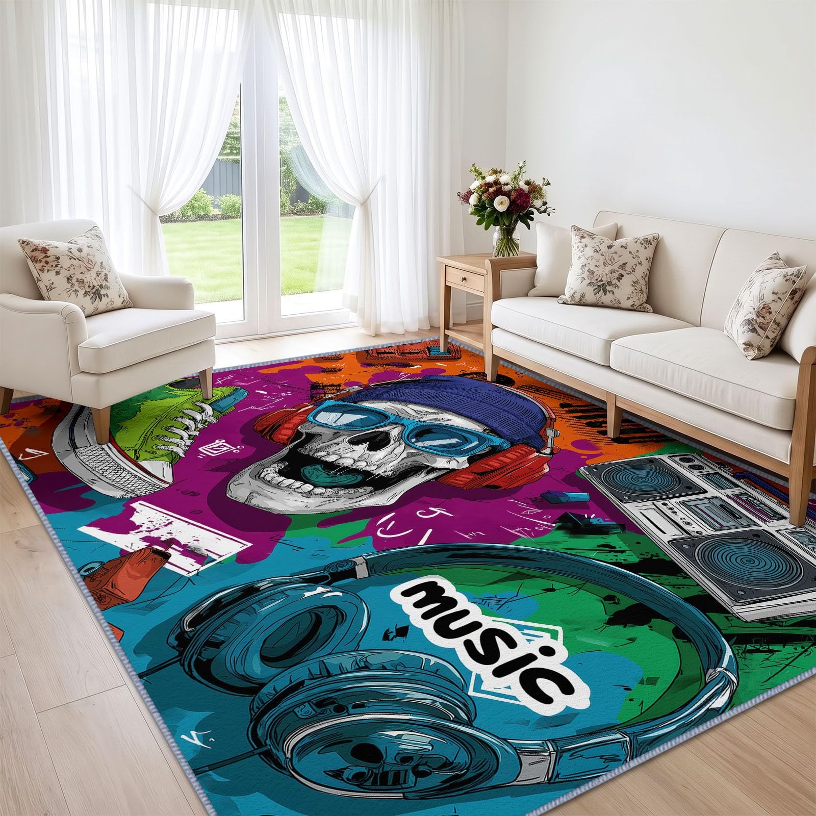 Street Graffiti - Alfombra lavable para salón, dormitorio, moderna, música, fiesta, calavera, antideslizante, para suelo, multicolor, para dormitorio, cocina, aula, comedor, 160 x 230 cm