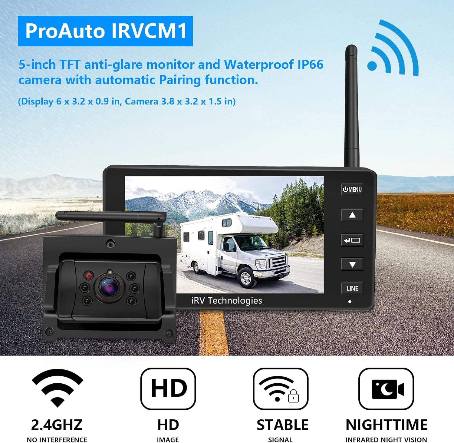 Wireless RV Backup Camera, 5" Monitor 120° Wide Angle Auto Pair and IP66 Waterproof Infrared Night Version with Astern Indicator Line for Trailer Truck Camper Car