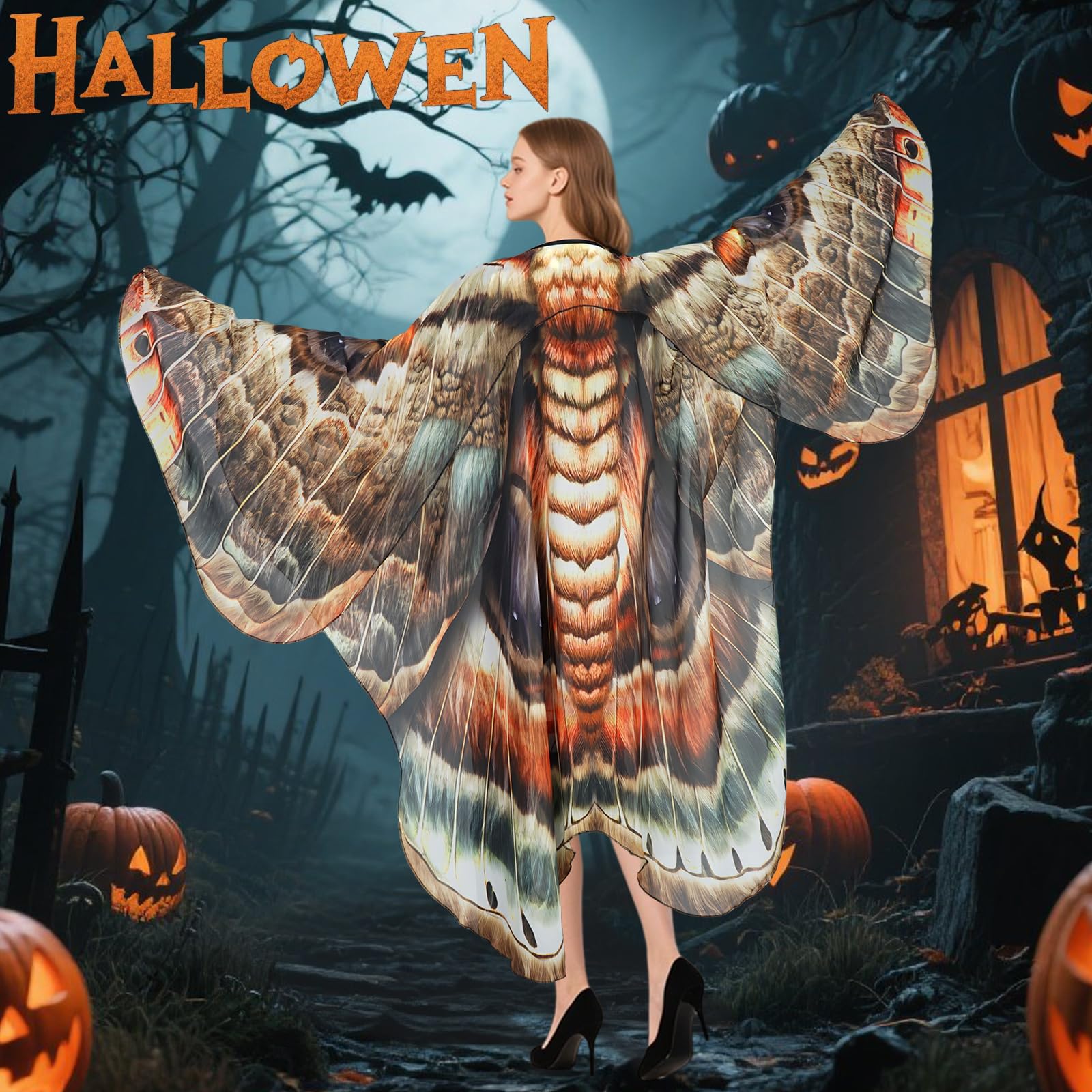 Sunlisky Halloween Costumes for Women Adult Butterfly Costume Wings Cape with Moth Antenna Headband,Mask: Dynamic Double-layer Brown