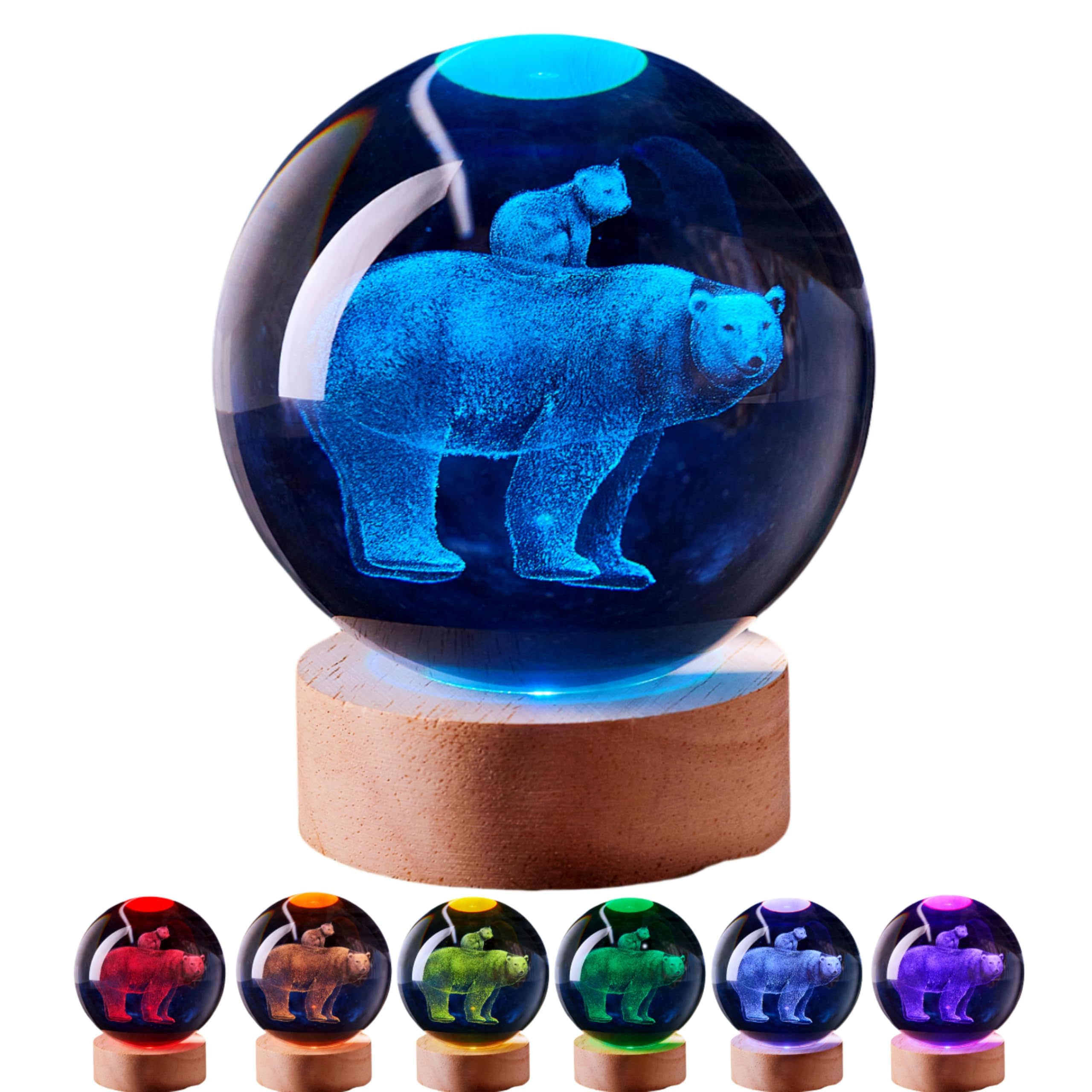 LGY3DLight 3D Crystal Ball Lamp with Remote Control, 3.15 inch Crystal Night Light with Wooden Base 16 Colors Change, Glass Figurine Lamp Gift for Girls Boys Wife Girlfriend Mom (Polar Bear)