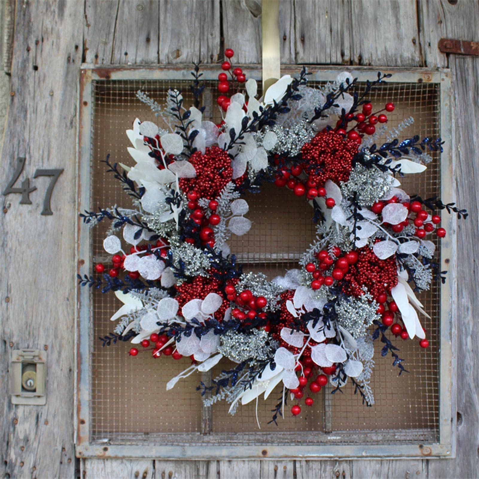 Kerstkrans, 16/12 Inch Kerstkrans voor Voordeur, Roodgroene Kerstdeurkransdecoratie met Rode Bessen/balornamenten, Vakantiedecoratie voor Open Haard Xmas Decor(B Type Klein