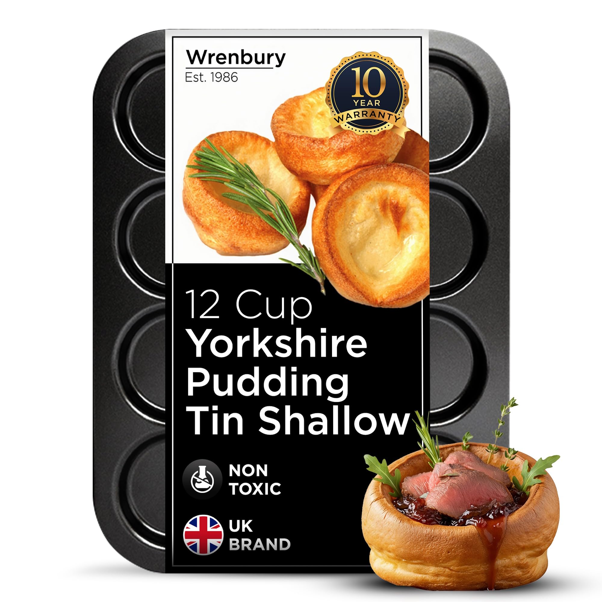 Wrenbury Toughened Yorkshire Pudding Pan 12 Hole - Shallow Non Stick Baking Tin - Heavy Carbon Steel - PFOA Free Food Safe - Perfect for British Yorkshires