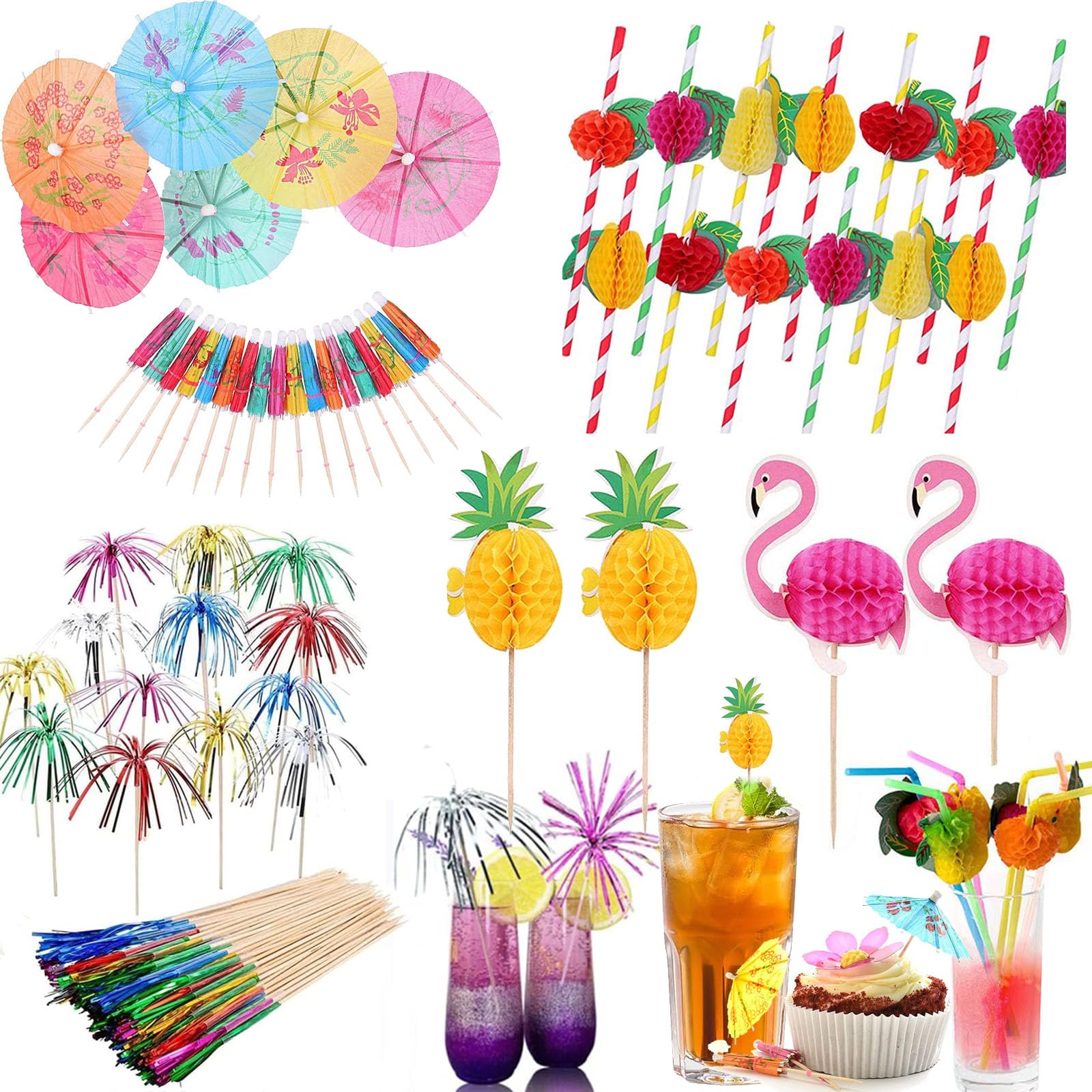 Set di Cannucce Riutilizzabili e Ombrellini Cocktail - 125 Pezzi di Decorazioni per Feste, Cannucce Cocktail Multicolore, Adatto per Bevande e Alimenti, Forniture per Feste