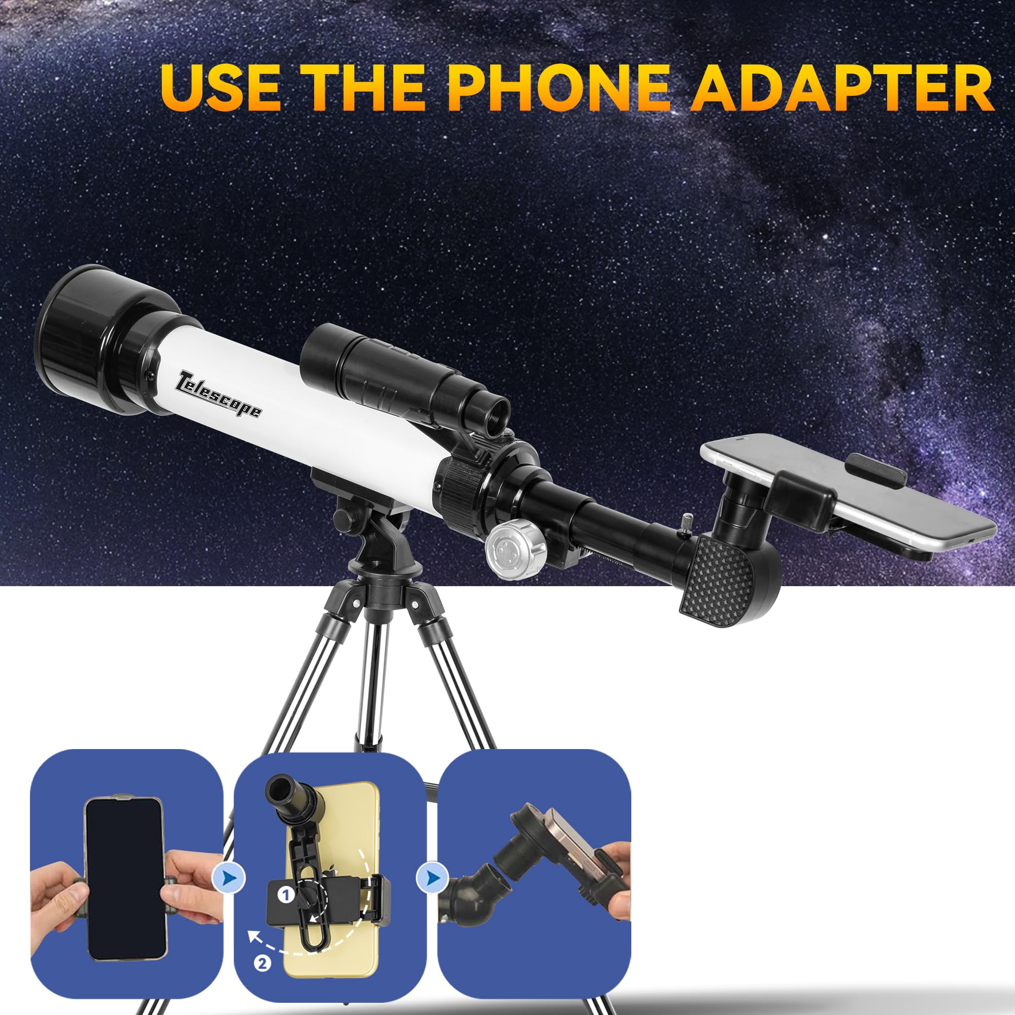IBVIVIC Refraktor Teleskop 50/500 mit Tischstativ für Kinder, 30X/ 60X Zoom HD Outdoor Monokular Weltraumteleskop mit 2 Okularen, Kompass & Telefon Adapter für Land-, Mond- und Planetenbeobachtung