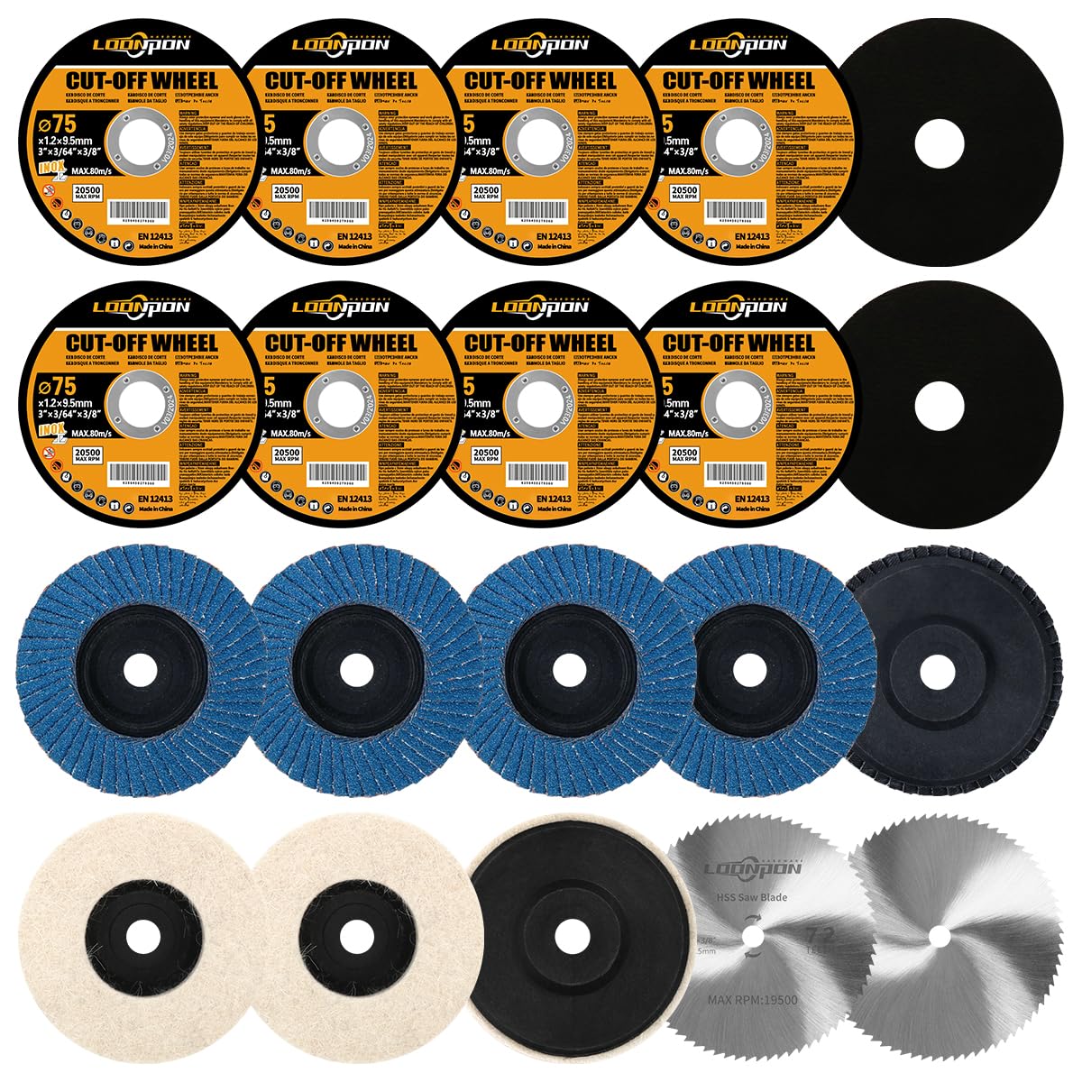 3Inch Angle Grinder Wheel Set, 75mm Cutting Grinding Polishing Discs with 10mm Arbor for Cutting Wood, Tile, Polishing Metal (20Pack)